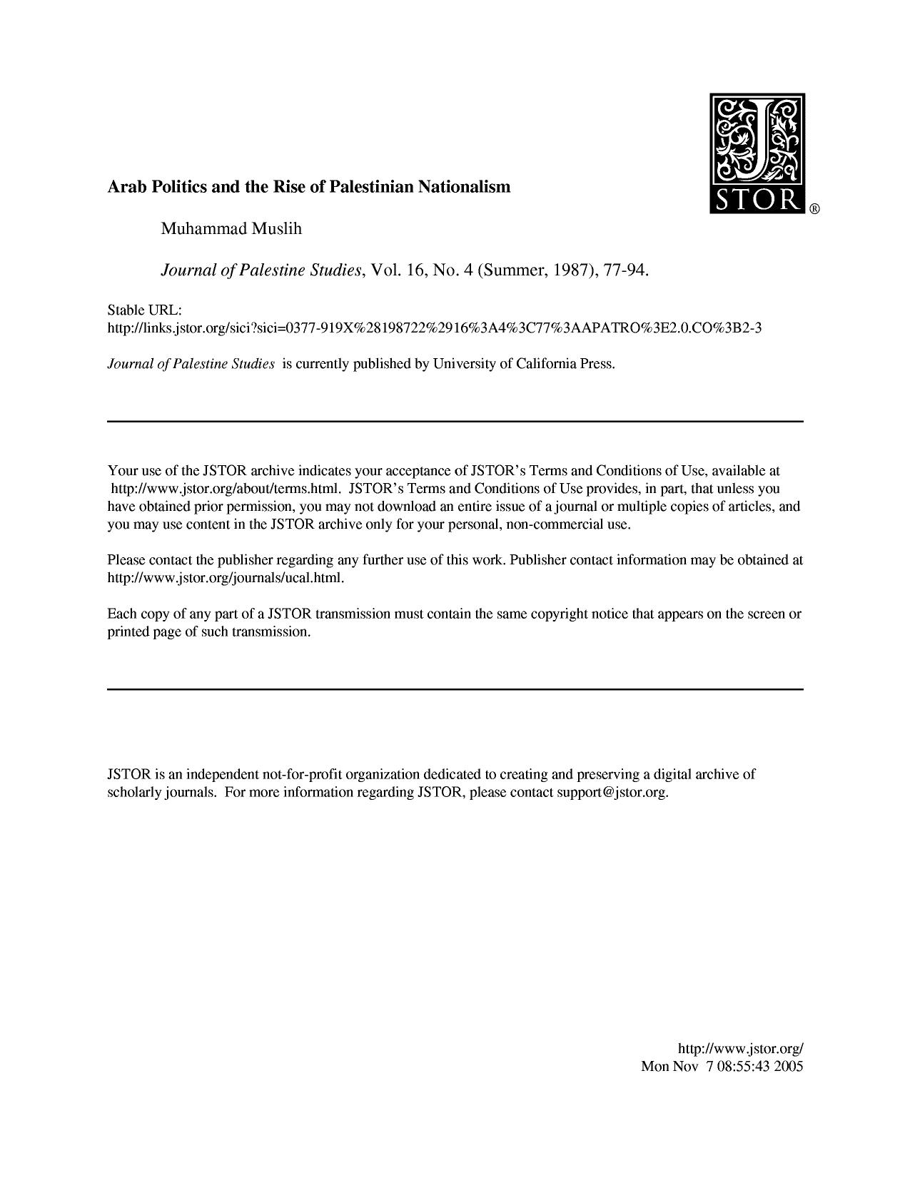 (journal of palestine studies)Muslih M-Arab Politics and the Rise of Palestinian Nationalism by Unknown