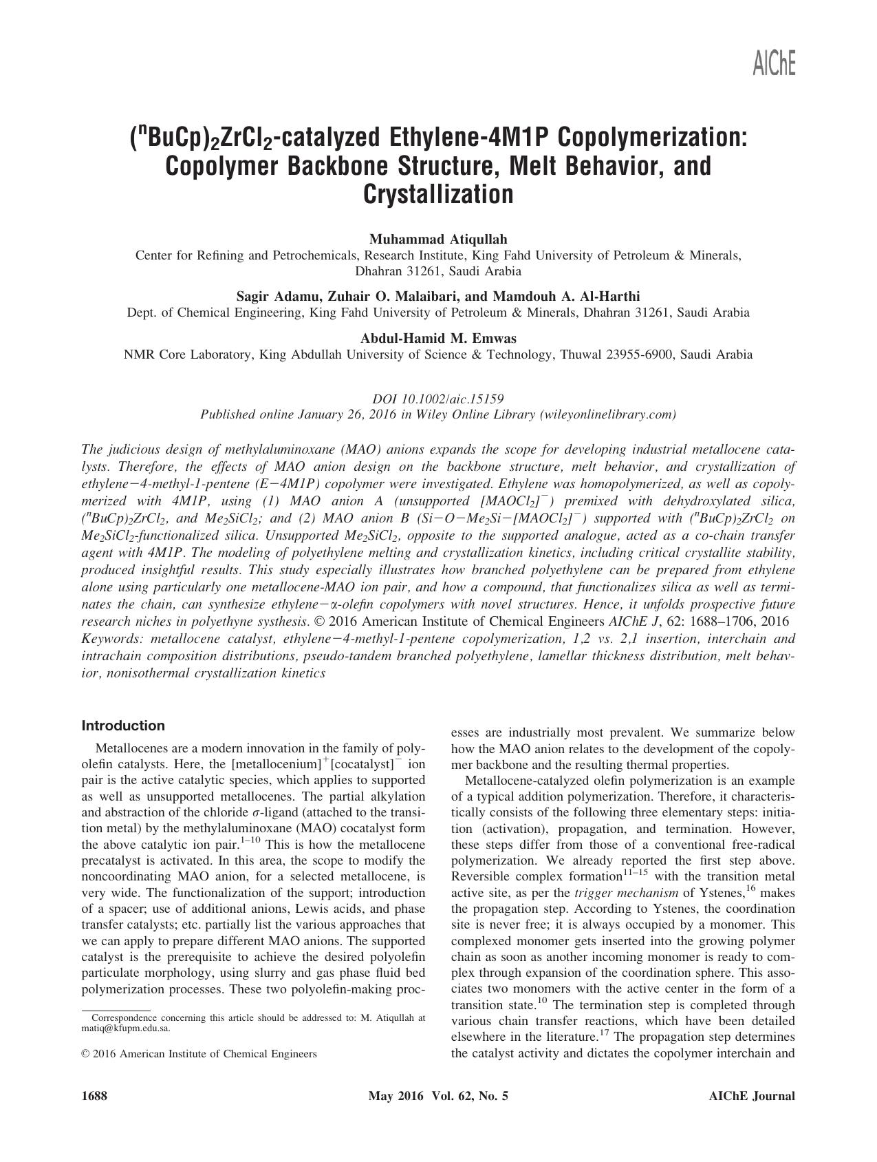 (nBuCp)2ZrCl2&#8208;catalyzed Ethylene&#8208;4M1P Copolymerization: Copolymer Backbone Structure, Melt Behavior, and Crystallization by Unknown