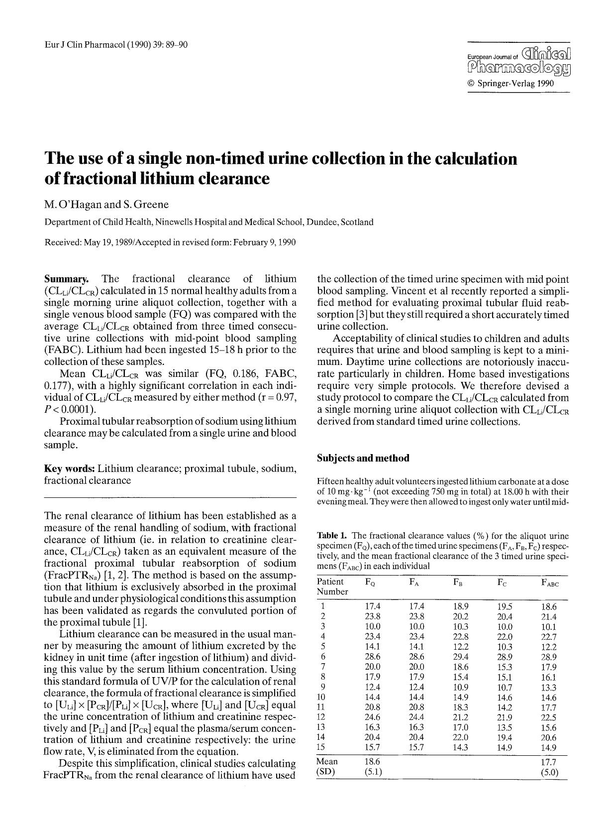 <Emphasis Type="Bold">The use of a single non-timed urine collection in the calculation of fractional lithium clearance<Emphasis> by Unknown