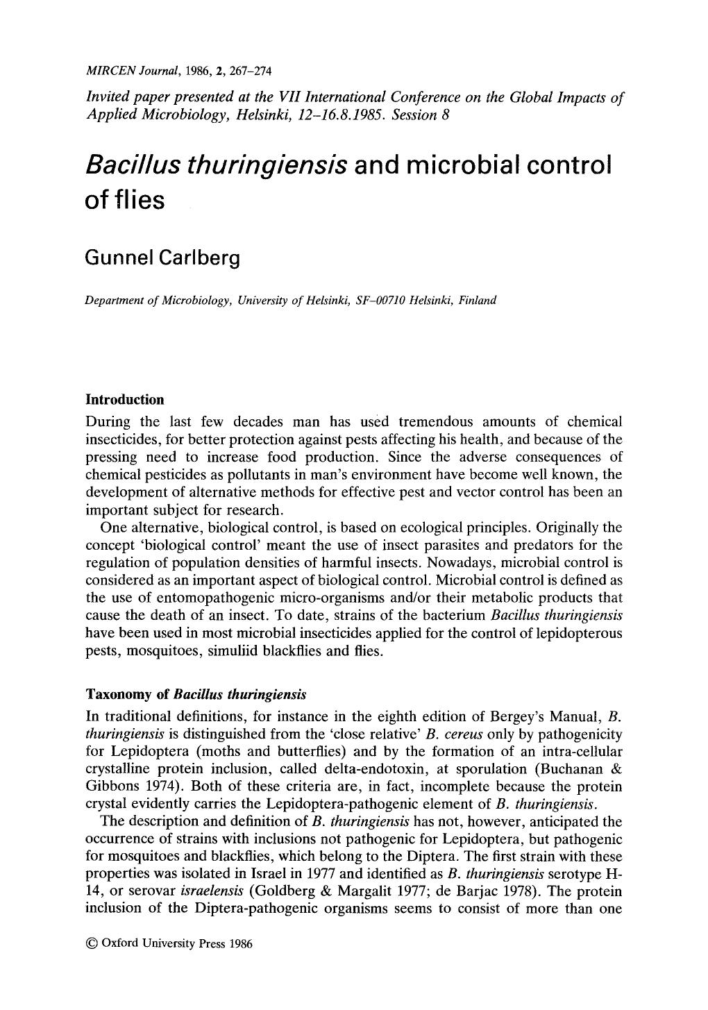 <Emphasis Type="Italic">Bacillus thuringiensis <Emphasis> and microbial control of flies by Unknown