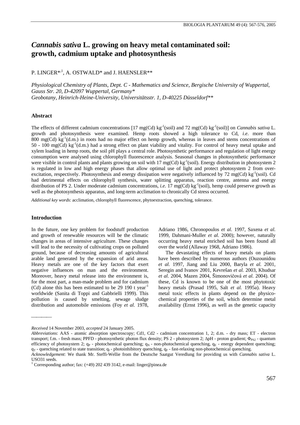 <Emphasis Type="Italic">Cannabis sativa<Emphasis> L. growing on heavy metal contaminated soil: growth, cadmium uptake and photosynthesis by growth cadmium uptake & photosynthesis