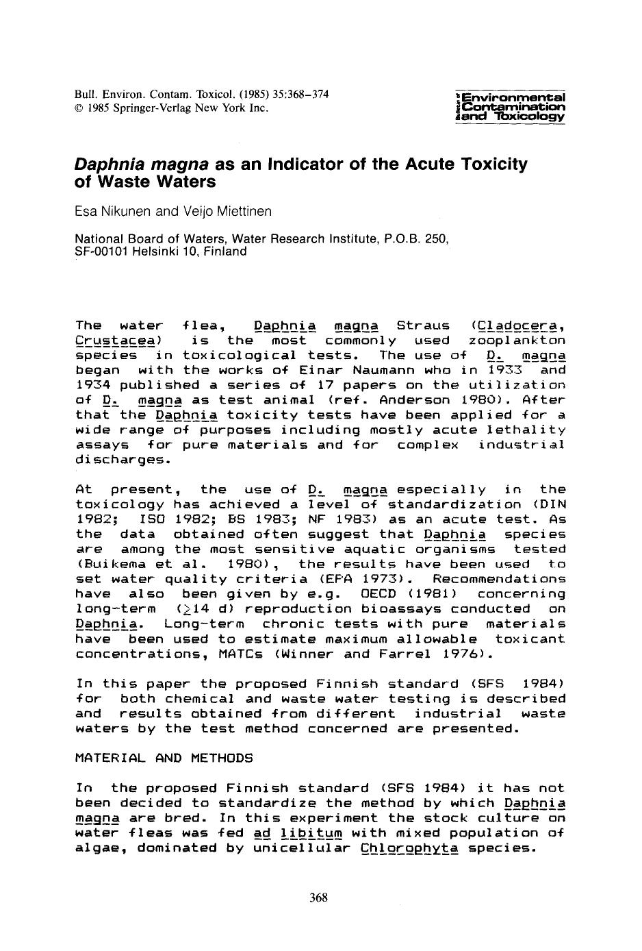 <Emphasis Type="Italic">Daphnia magna <Emphasis> as an indicator of the acute toxicity of waste waters by Unknown