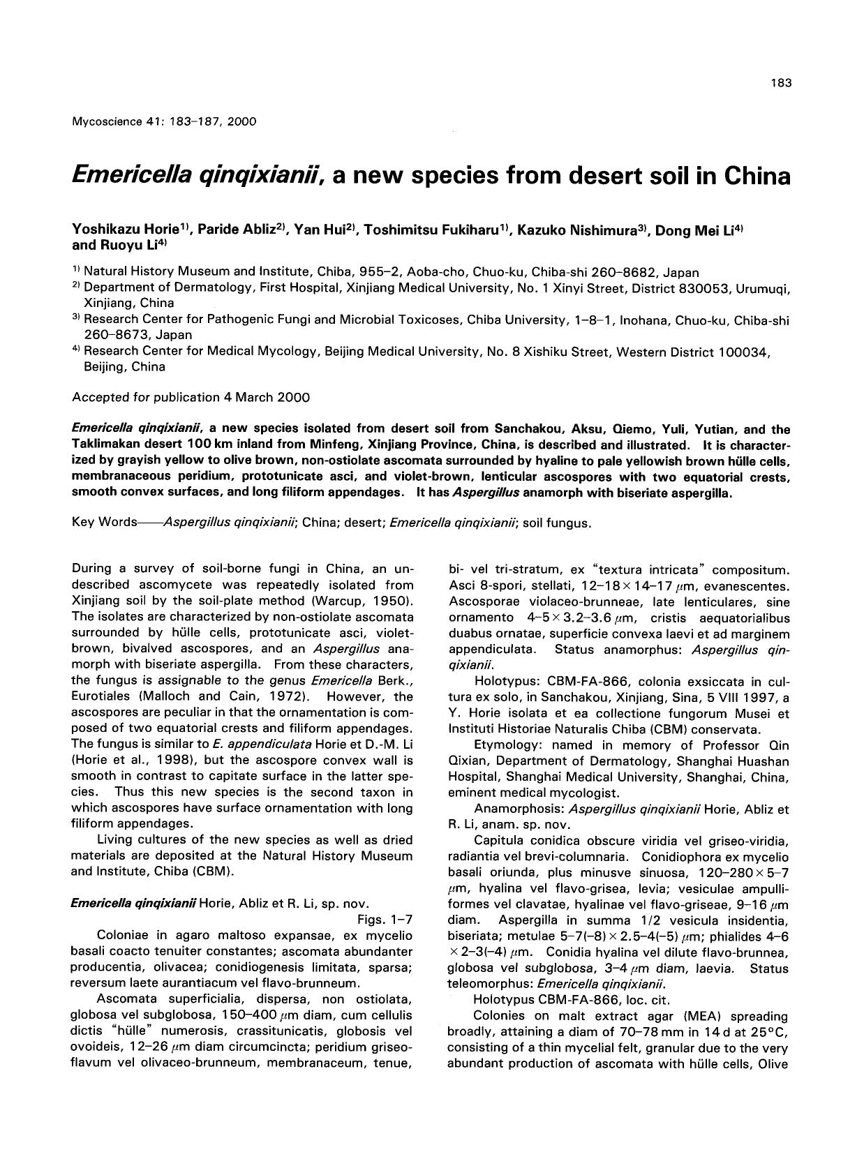 <Emphasis Type="Italic">Emericella qinqixianii <Emphasis>, a new species from desert soil in China by Unknown