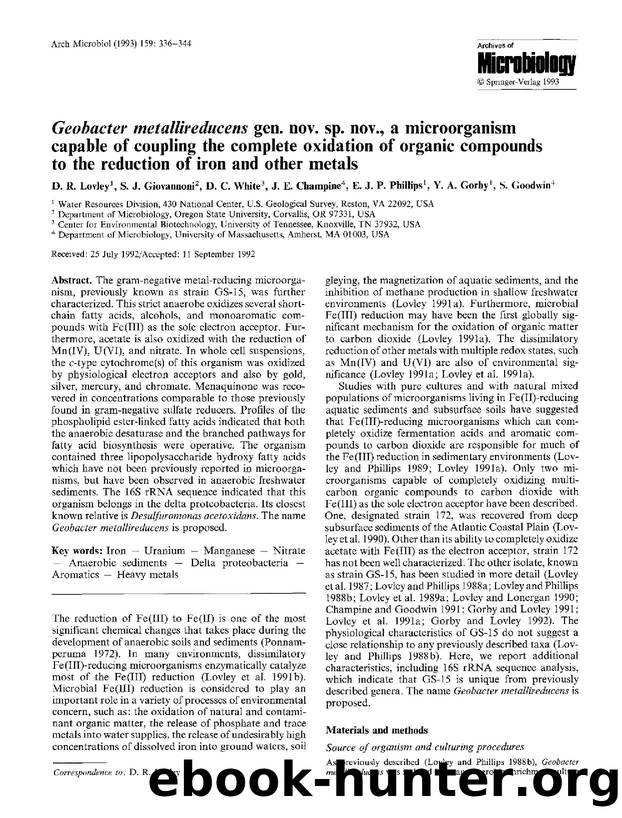 <Emphasis Type="Italic">Geobacter metallireducens<Emphasis> gen. nov. sp. nov., a microorganism capable of coupling the complete oxidation of organic compounds to the reduction of  by Unknown