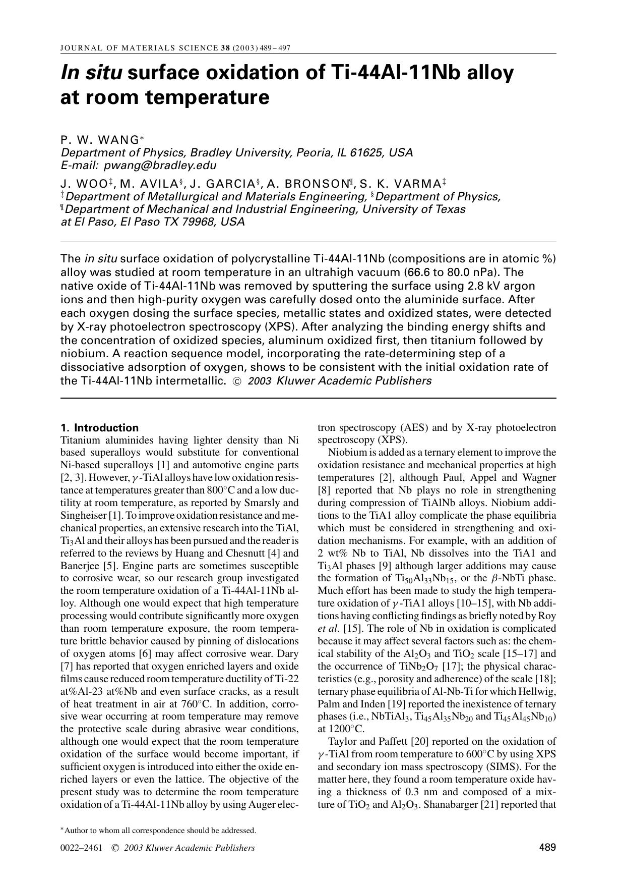 <Emphasis Type="Italic">In situ<Emphasis> surface oxidation of Ti-44Al-11Nb alloy at room temperature by Unknown