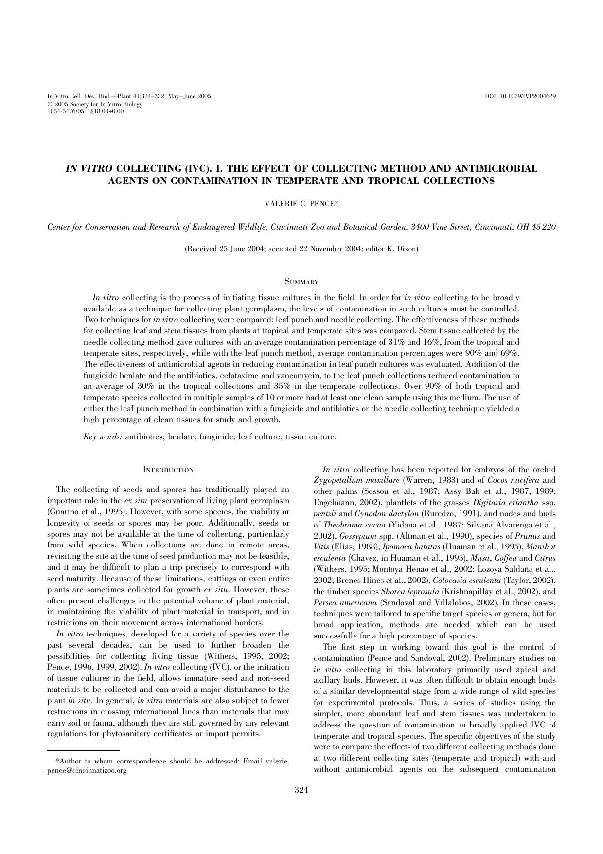 <Emphasis Type="Italic">In vitro <Emphasis> collecting (IVC). I. The effect of collecting method and antimicrobial agents on contamination in temperate and tropical collections by Unknown