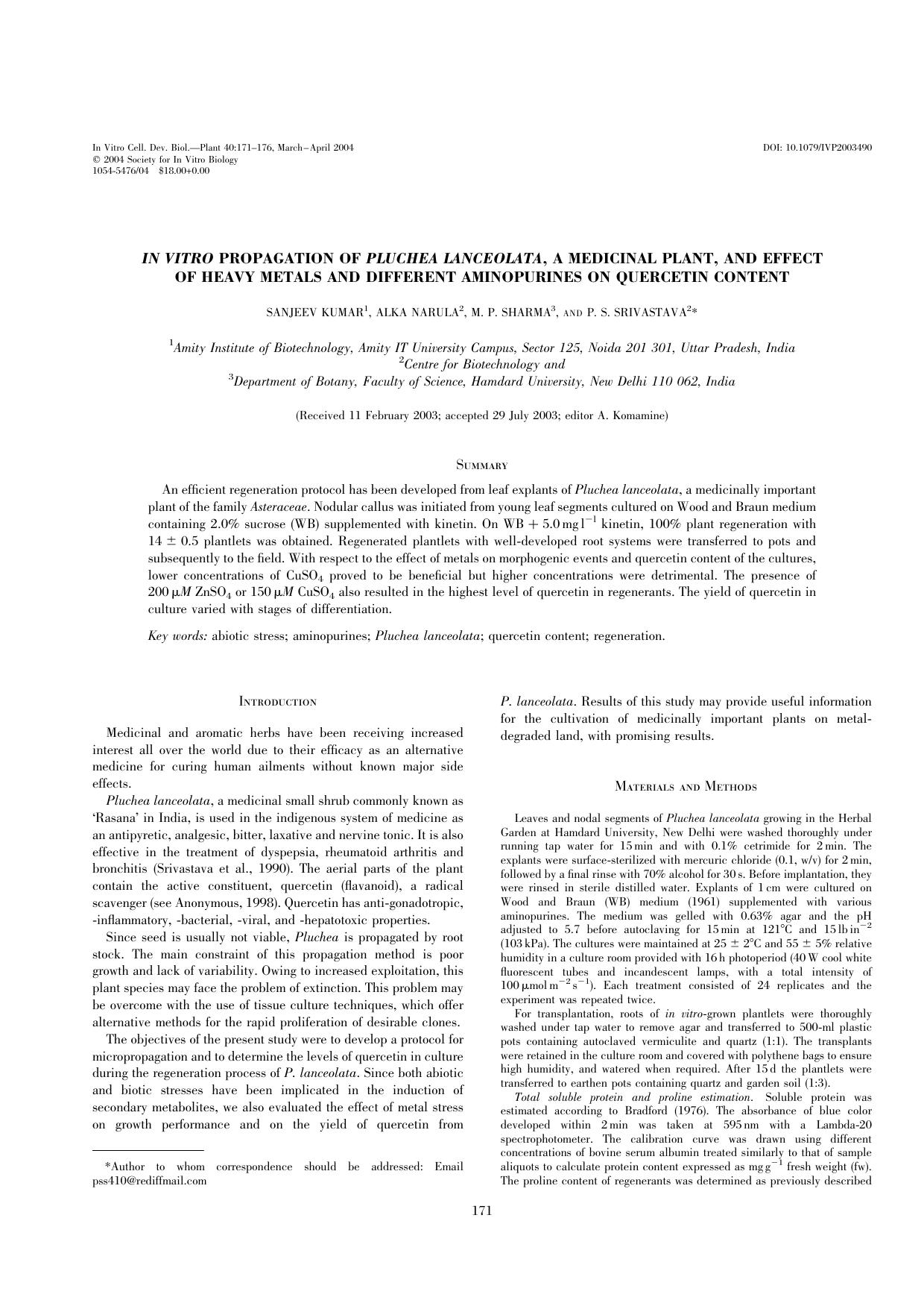 <Emphasis Type="Italic">In vitro <Emphasis> propagation of <Emphasis Type="Italic">Pluchea lanceolata <Emphasis>, a medicinal plant, and effect of heavy metals and different amino by Unknown