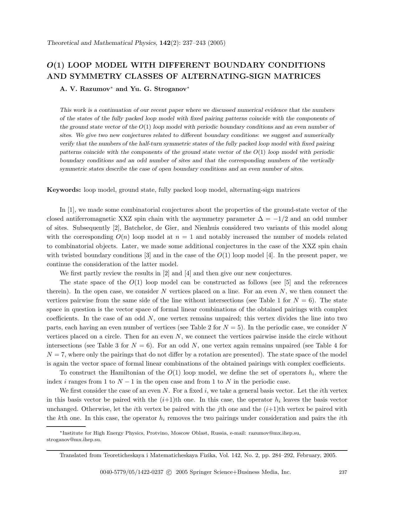 <Emphasis Type="Italic">O<Emphasis>(1) loop model with different boundary conditions and symmetry classes of alternating-sign matrices by Unknown