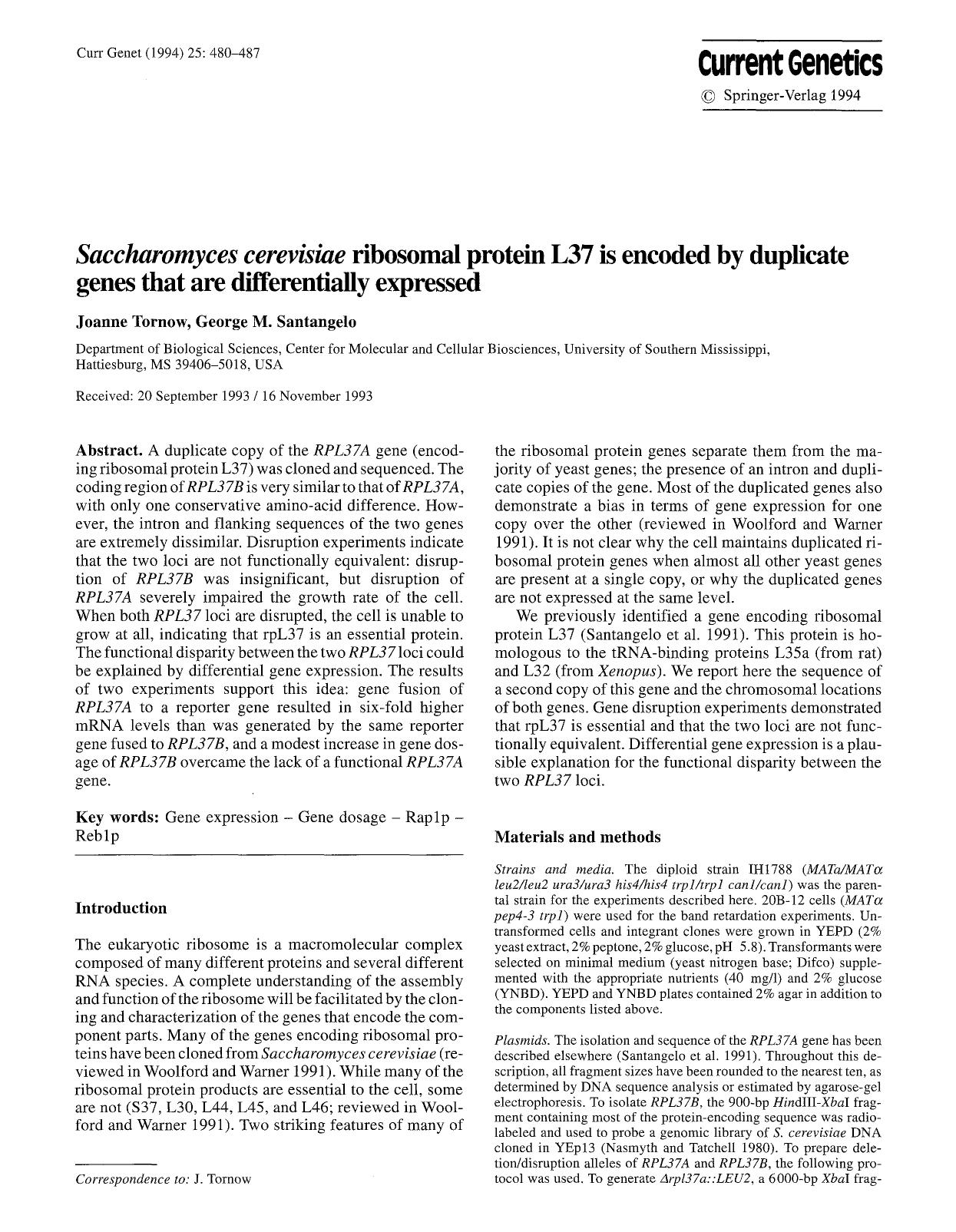 <Emphasis Type="Italic">Saccharomyces cerevisiae<Emphasis> ribosomal protein L37 is encoded by duplicate genes that are differentially expressed by Unknown