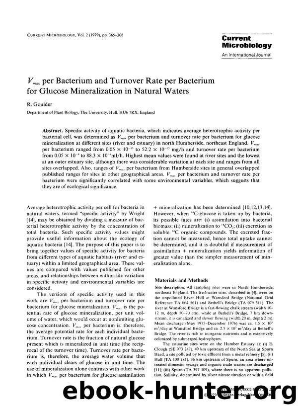 <Emphasis Type="Italic">V <Emphasis> <Subscript> <Emphasis Type="Italic">max <Emphasis> <Subscript> per bacterium and turnover rate per bacterium for glucose mineralization in natural waters by Unknown