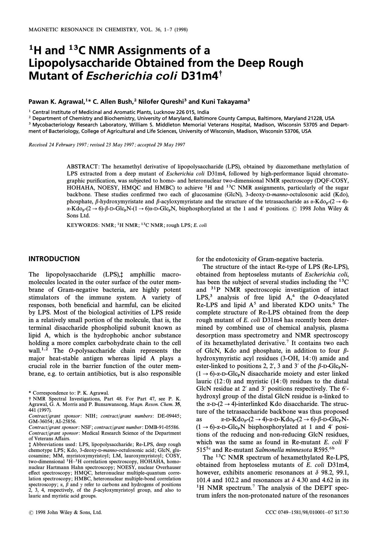 <SUP>1<SUP><HUC>H<HUC> and <SUP>13<SUP><HUC>C<HUC> <HUC>NMR<HUC> Assignments of a Lipopolysaccharide Obtained from the Deep Rough Mutant of <HUC>E<HUC>scherichia coli <HUC>D<HUC>31m4<SUP>&dagger;<SUP> by Agrawal Allen Bush Qureshi Takayama