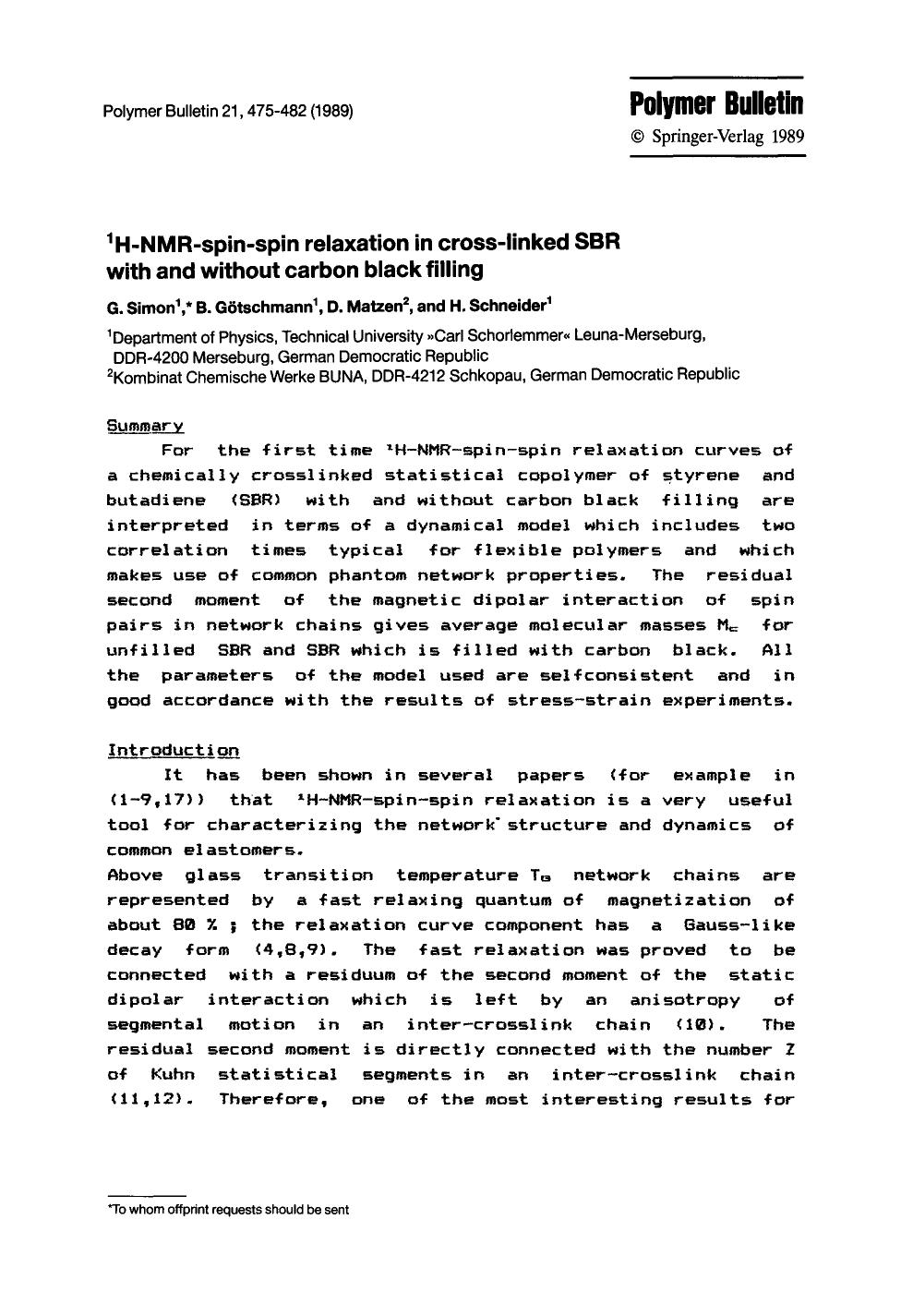 <Superscript>1<Superscript>H-NMR-spin-spin relaxation in cross-linked SBR with and without carbon black filling by Unknown