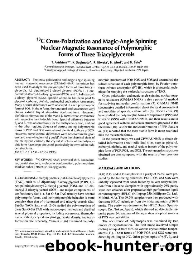 <Superscript>13 <Superscript>C cross-polarization and magic-angle spinning nuclear magnetic resonance of polymorphic forms of three triacylglycerols by Unknown