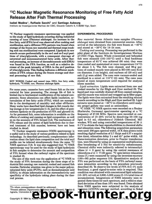 <Superscript>13 <Superscript>C nuclear magnetic resonance monitoring of free fatty acid release after fish thermal processing by Unknown