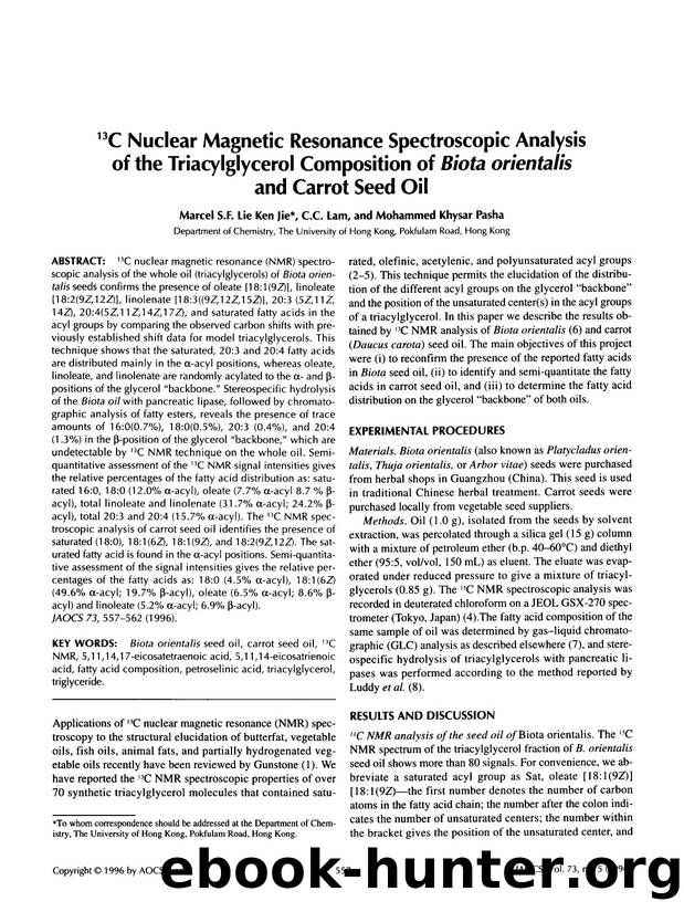 <Superscript>13 <Superscript>C nuclear magnetic resonance spectroscopic analysis of the triacylglycerol composition of <Emphasis Type="Italic">Biota orientalis <Emphasis> and carrot seed oil by Unknown