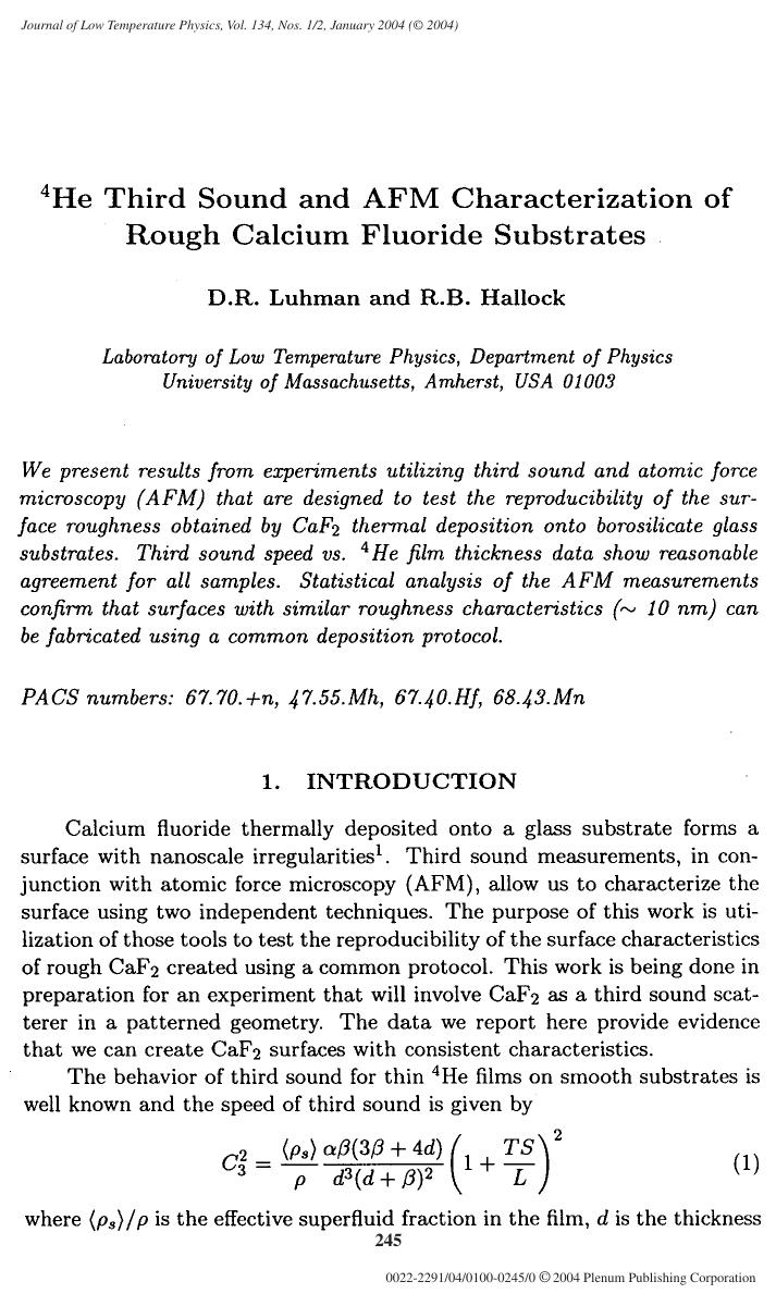 <Superscript>4<Superscript>He Third Sound and AFM Characterization of Rough Calcium Fluoride Substrates by Unknown