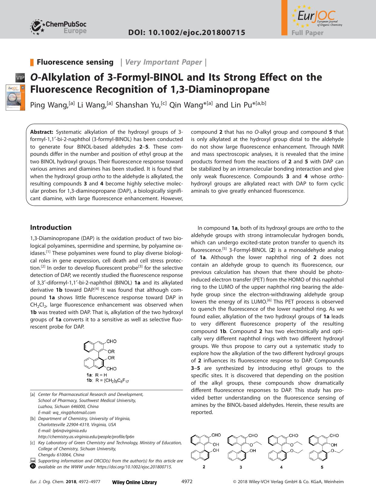 <i>O<i>&#x02010;Alkylation of 3&#x02010;Formyl&#x02010;BINOL and Its Strong Effect on the Fluorescence Recognition of 1,3&#x02010;Diaminopropane by Unknown