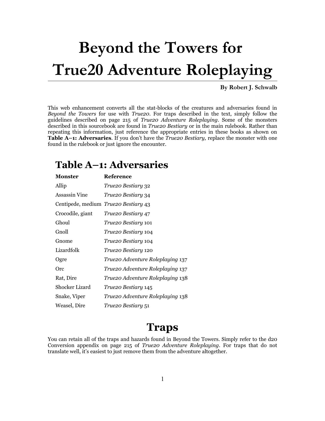 <title>Beyond the Towers True20 Conversion by Robert Schwalb