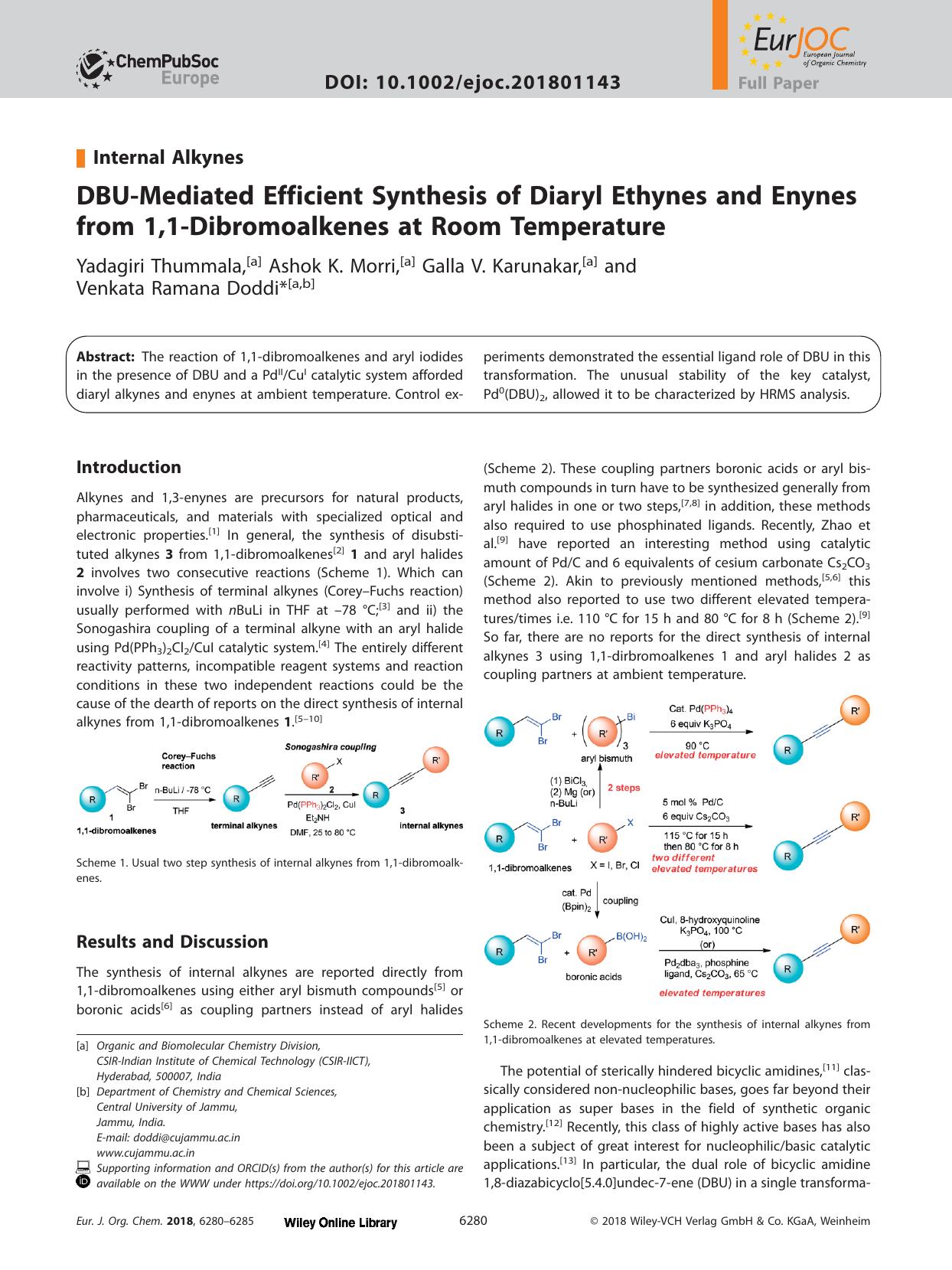 >DBU&#x02010;Mediated Efficient Synthesis of Diaryl Ethynes and Enynes from 1,1&#x02010;Dibromoalkenes at Room Temperature by Unknown