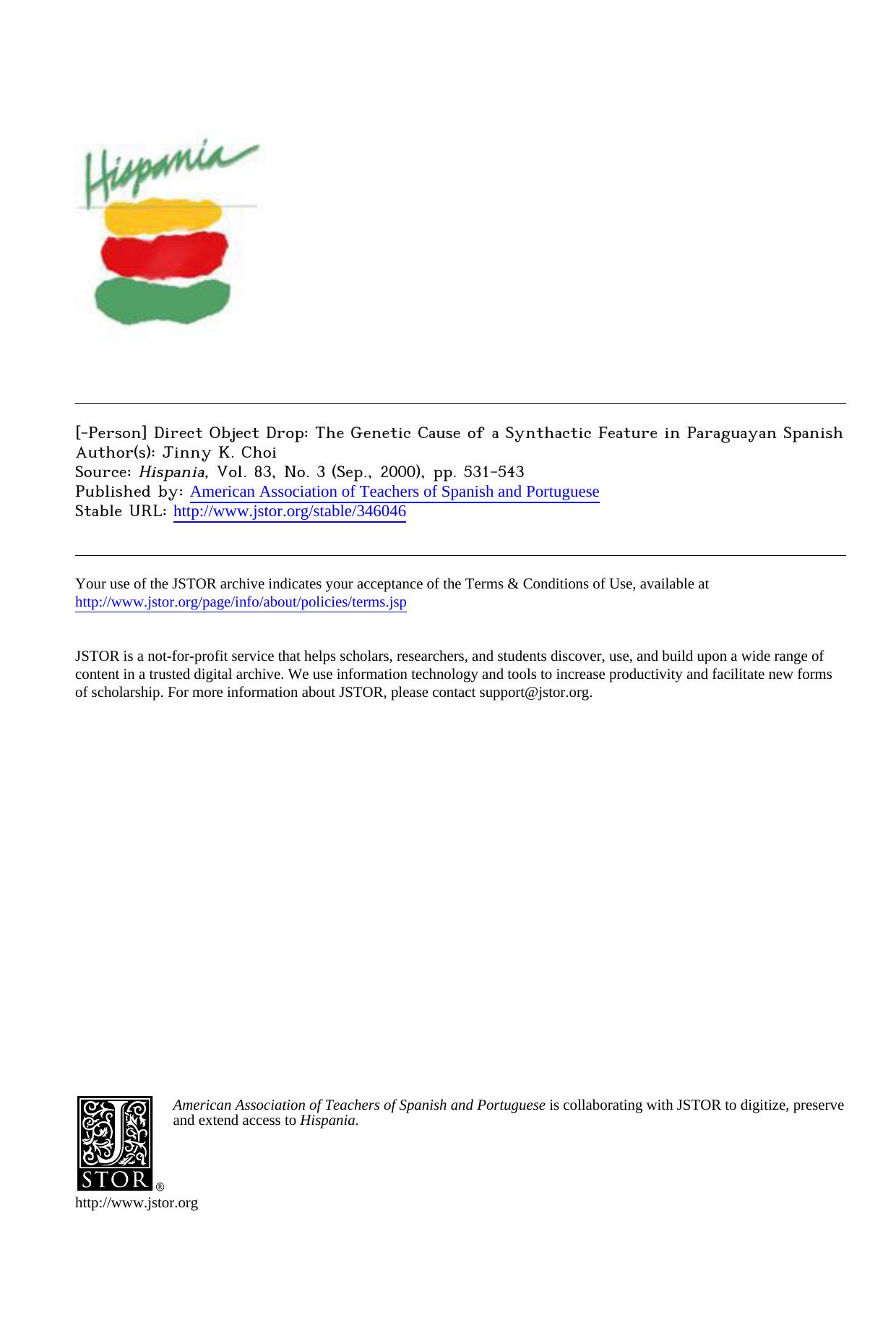 [-Person] Direct Object Drop: The Genetic Cause of a Synthactic Feature in Paraguayan Spanish by Unknown