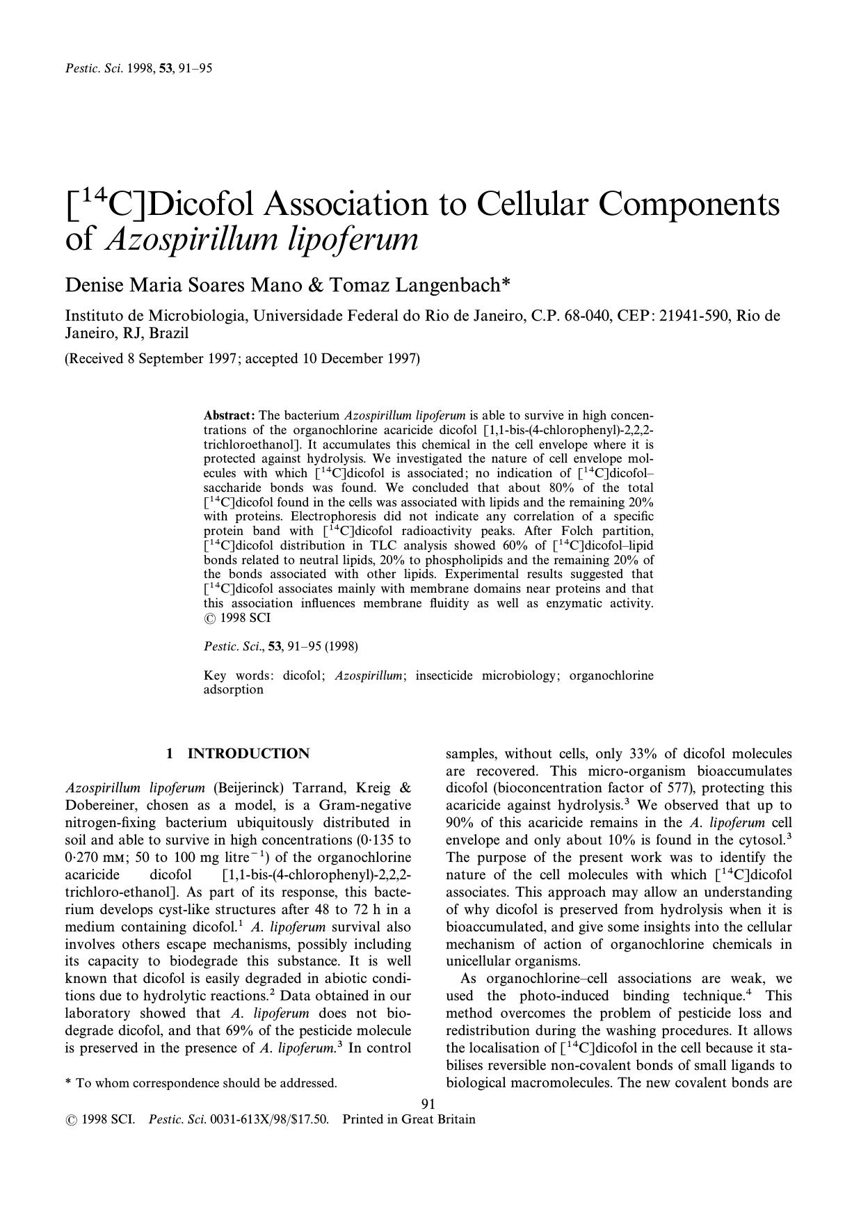 [14C]Dicofol association to cellular components of Azospirillum lipoferum by Mano Langenbach