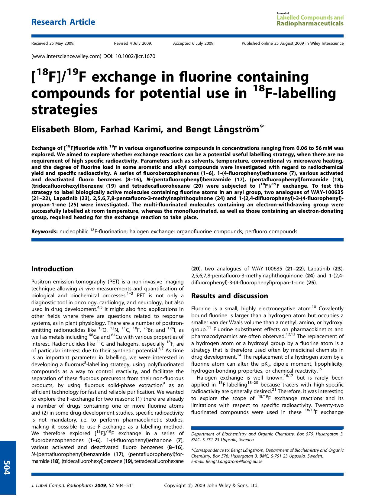 [18F]19F exchange in fluorine containing compounds for potential use in 18F-labelling strategies by Unknown