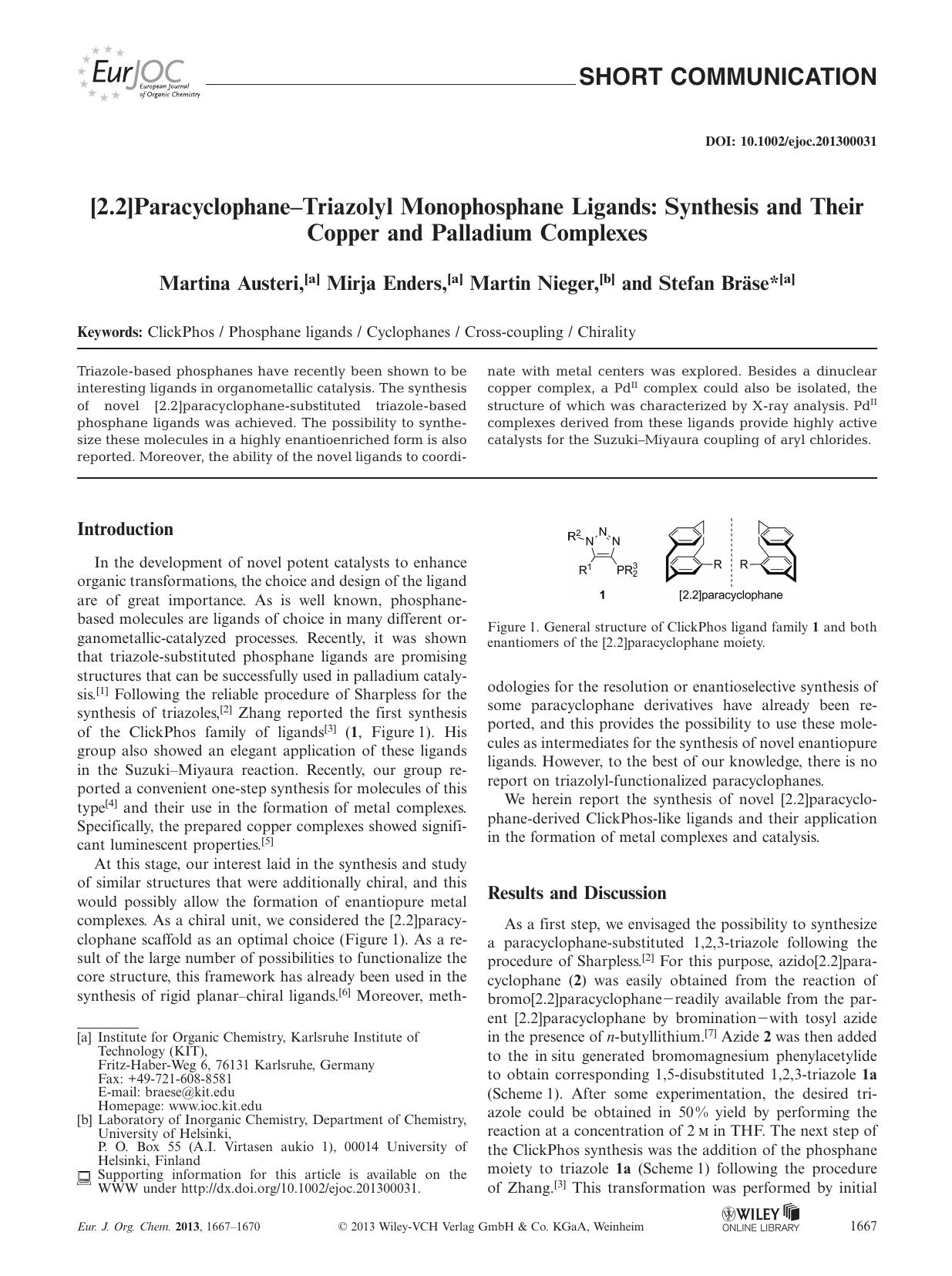 [2.2]ParacyclophaneTriazolyl Monophosphane Ligands: Synthesis and Their Copper and Palladium Complexes by Unknown