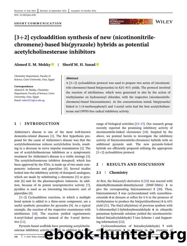 [3+2] Cycloaddition synthesis of new (nicotinonitrileâchromene)âbased bis(pyrazole) hybrids as potential acetylcholinesterase inhibitors by Unknown