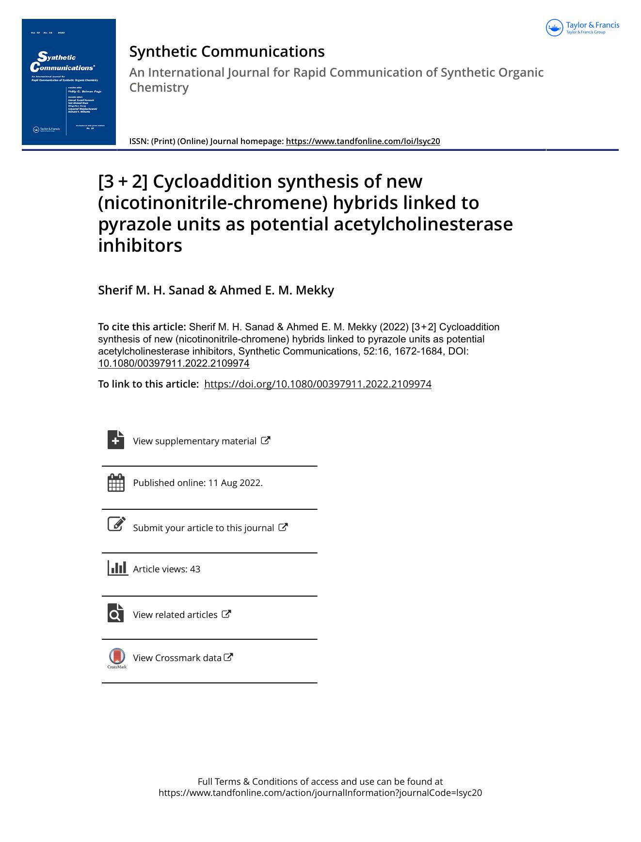 [3â+â2] Cycloaddition synthesis of new (nicotinonitrile-chromene) hybrids linked to pyrazole units as potential acetylcholinesterase inhibitors by Sanad Sherif M. H. & Mekky Ahmed E. M