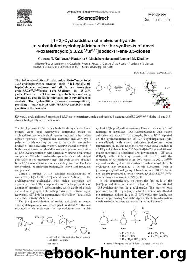 [4 + 2]-Cycloaddition of maleic anhydride to substituted cycloheptatrienes for the synthesis of novel 4-oxatetracyclo[5.3.2.02,6.08,10]dodec-11-ene-3,5-diones by Gulnara N. Kadikova & Ekaterina S. Meshcheryakova & Leonard M. Khalilov