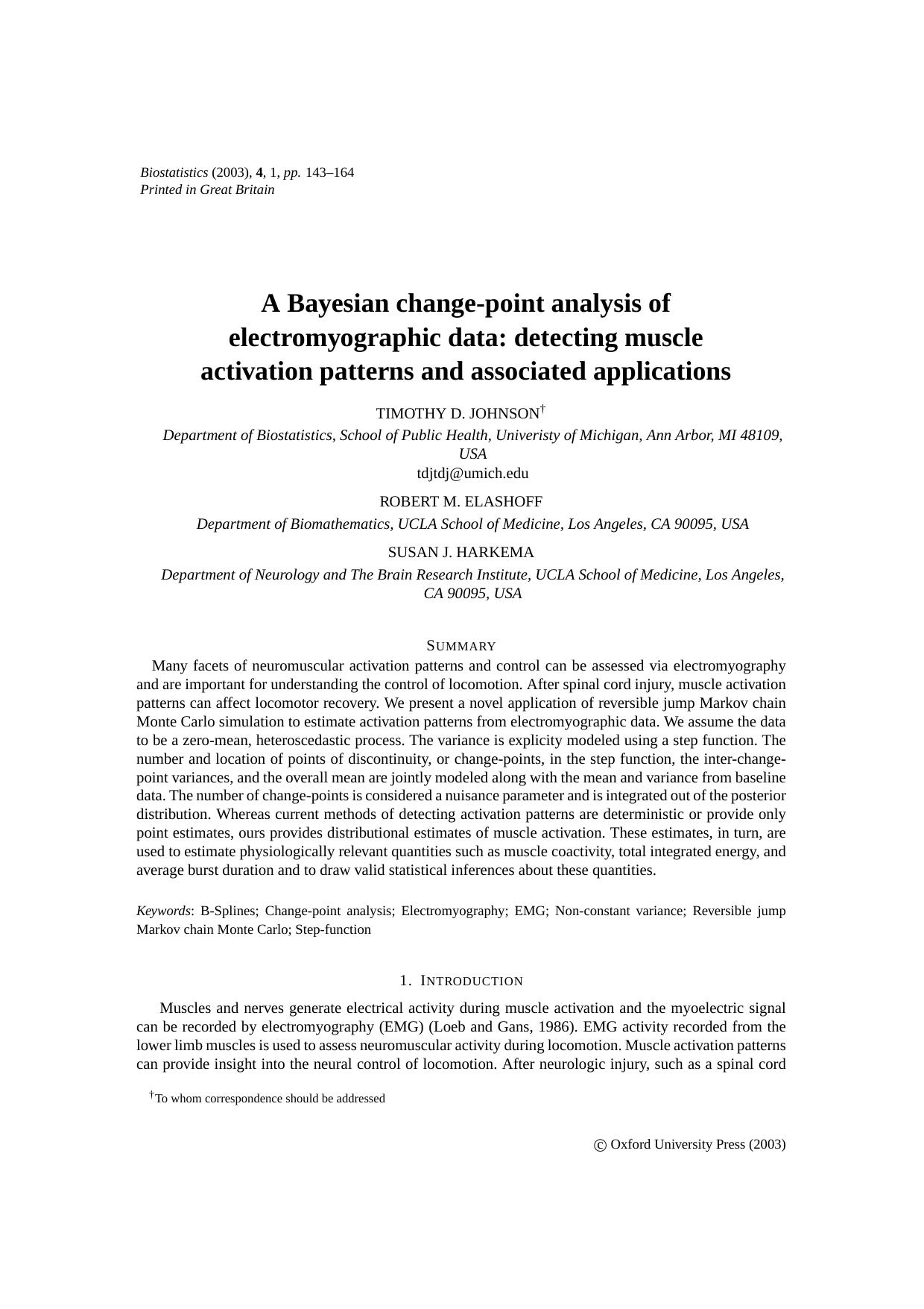 [Article] A Bayesian change-point analysis of electromyographic data: detecting muscle activation patterns and associated applications by Johnson T.D