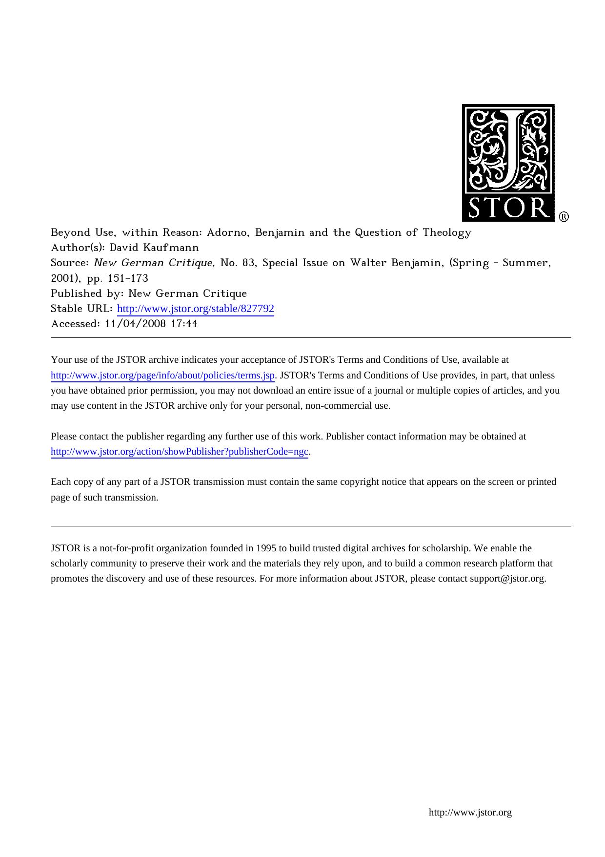 [Article] Beyond Use, within Reason: Adorno, Benjamin and the Question of Theology by David Kaufmann