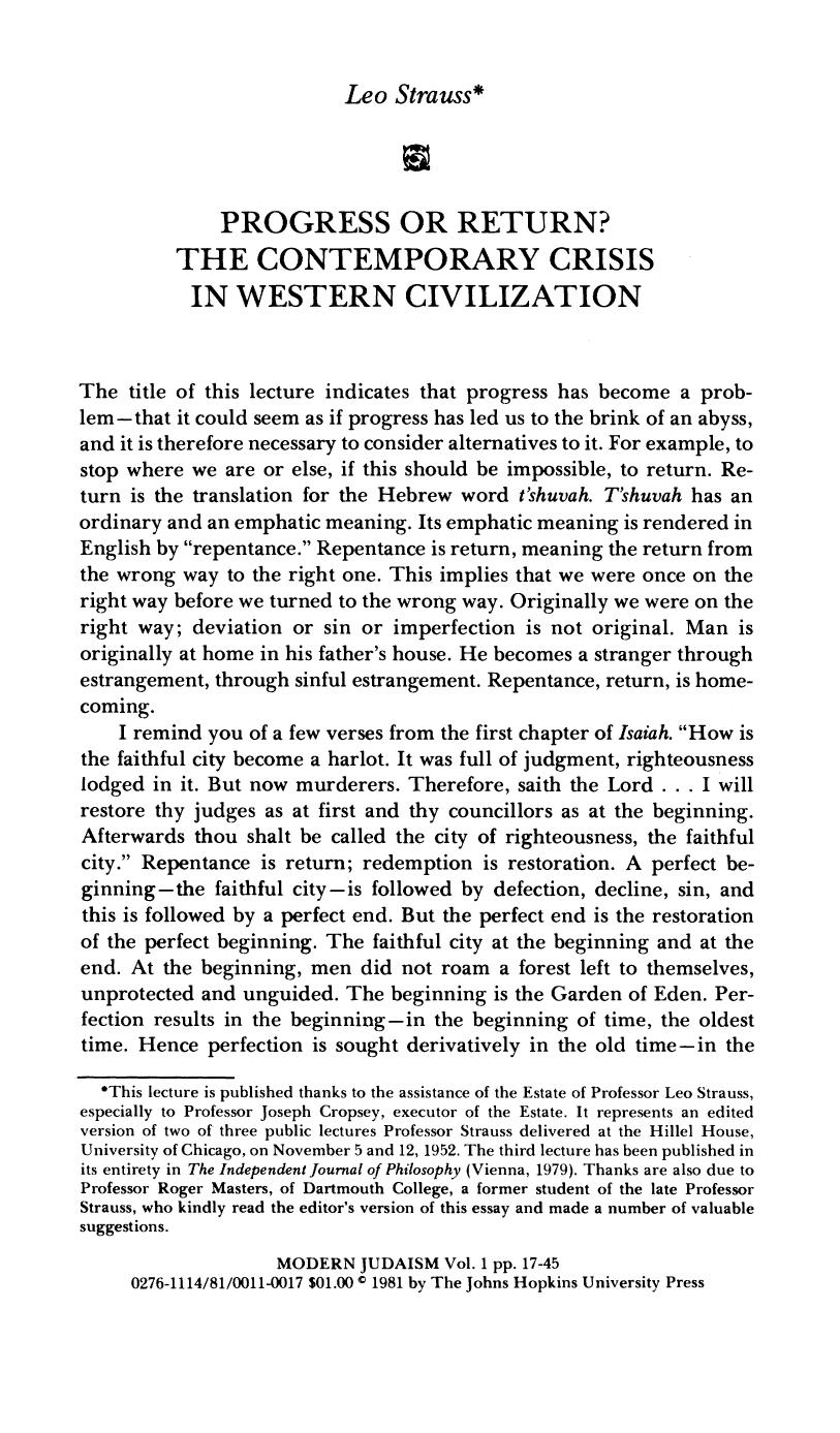 [Article] Progress or Return, the contemporary crisis in Western Civilization by Leo Strauss