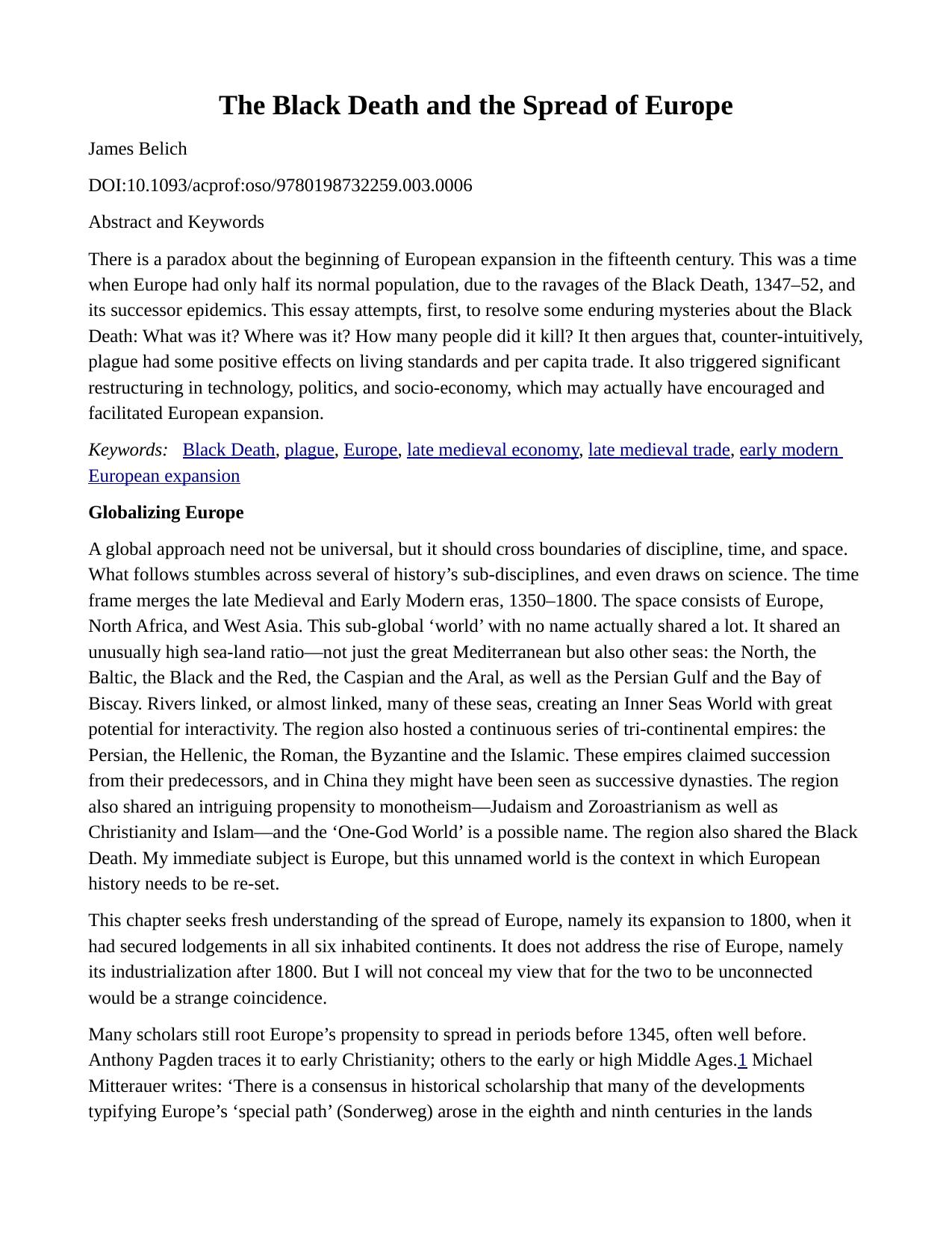 [Article] The Black Death and the Spread of Europe by James Belich