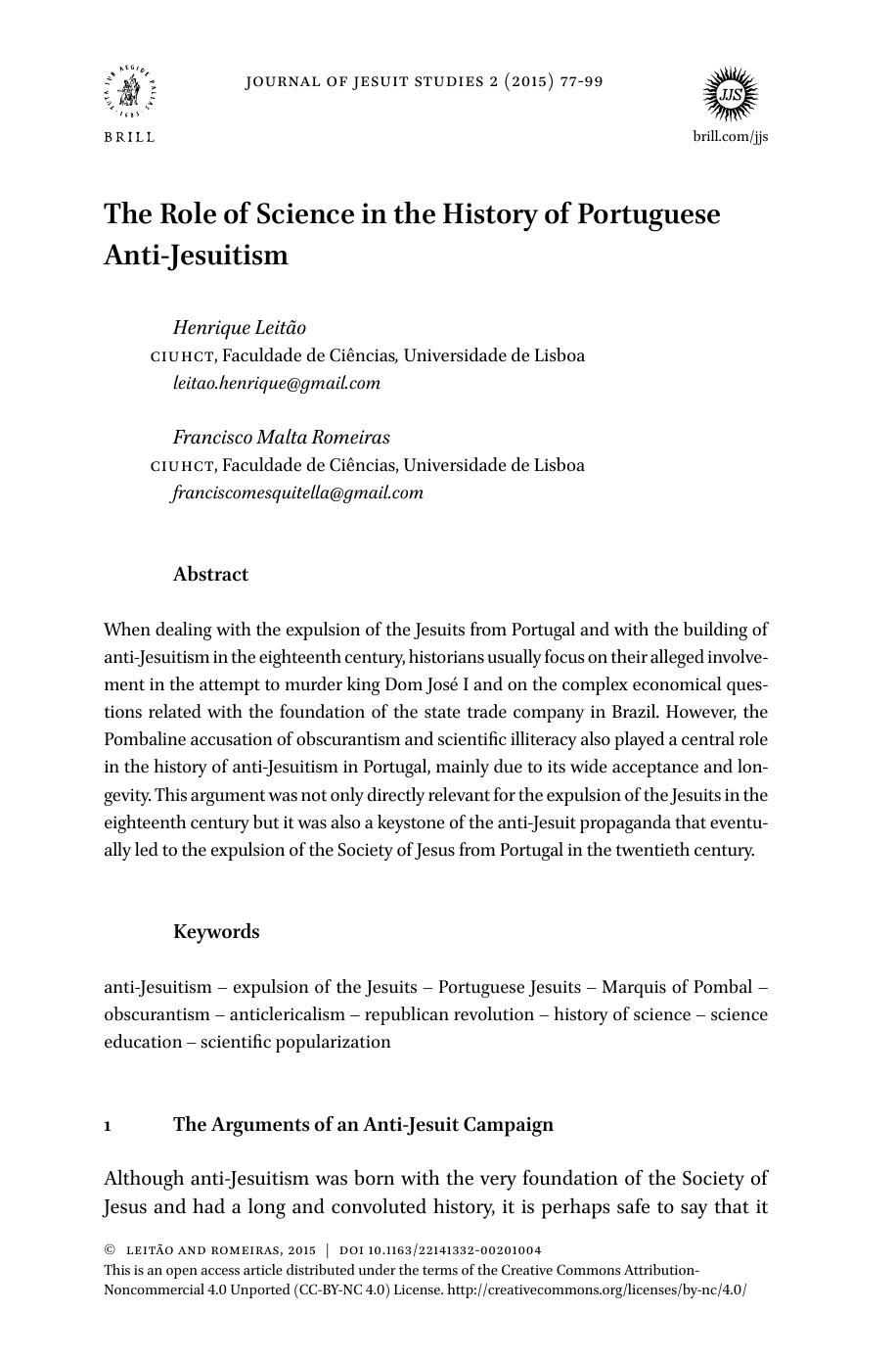 [Article] The Role of Science in the History of Portuguese Anti-Jesuitism by Henrique Leitão Francisco Malta Romeiras