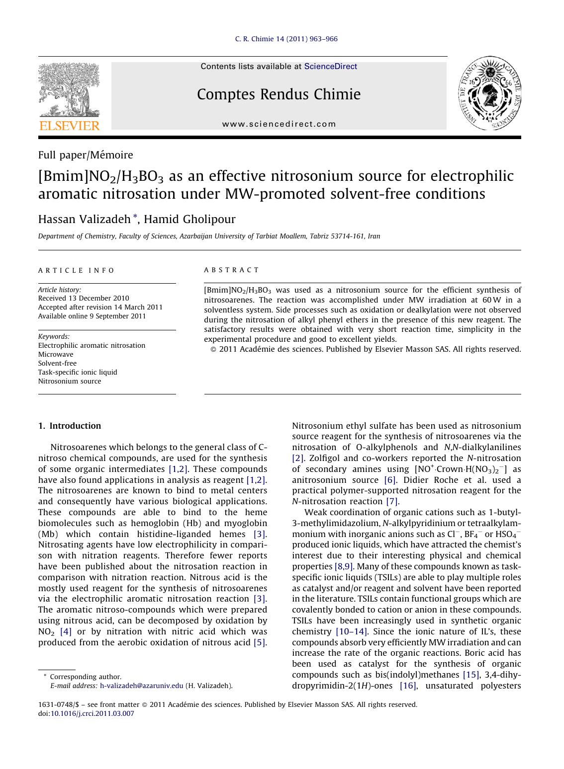 [Bmim]NO2H3BO3 as an effective nitrosonium source for electrophilic aromatic nitrosation under MW-promoted solvent-free conditions by Hassan Valizadeh