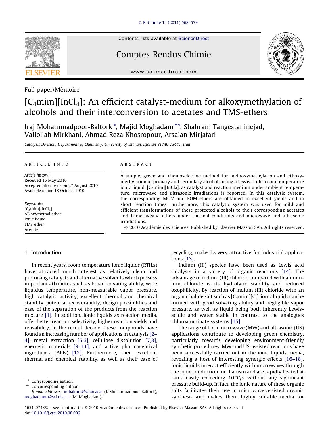 [C4mim][InCl4]: An efficient catalyst-medium for alkoxymethylation of alcohols and their interconversion to acetates and TMS-ethers by Iraj Mohammadpoor-Baltork