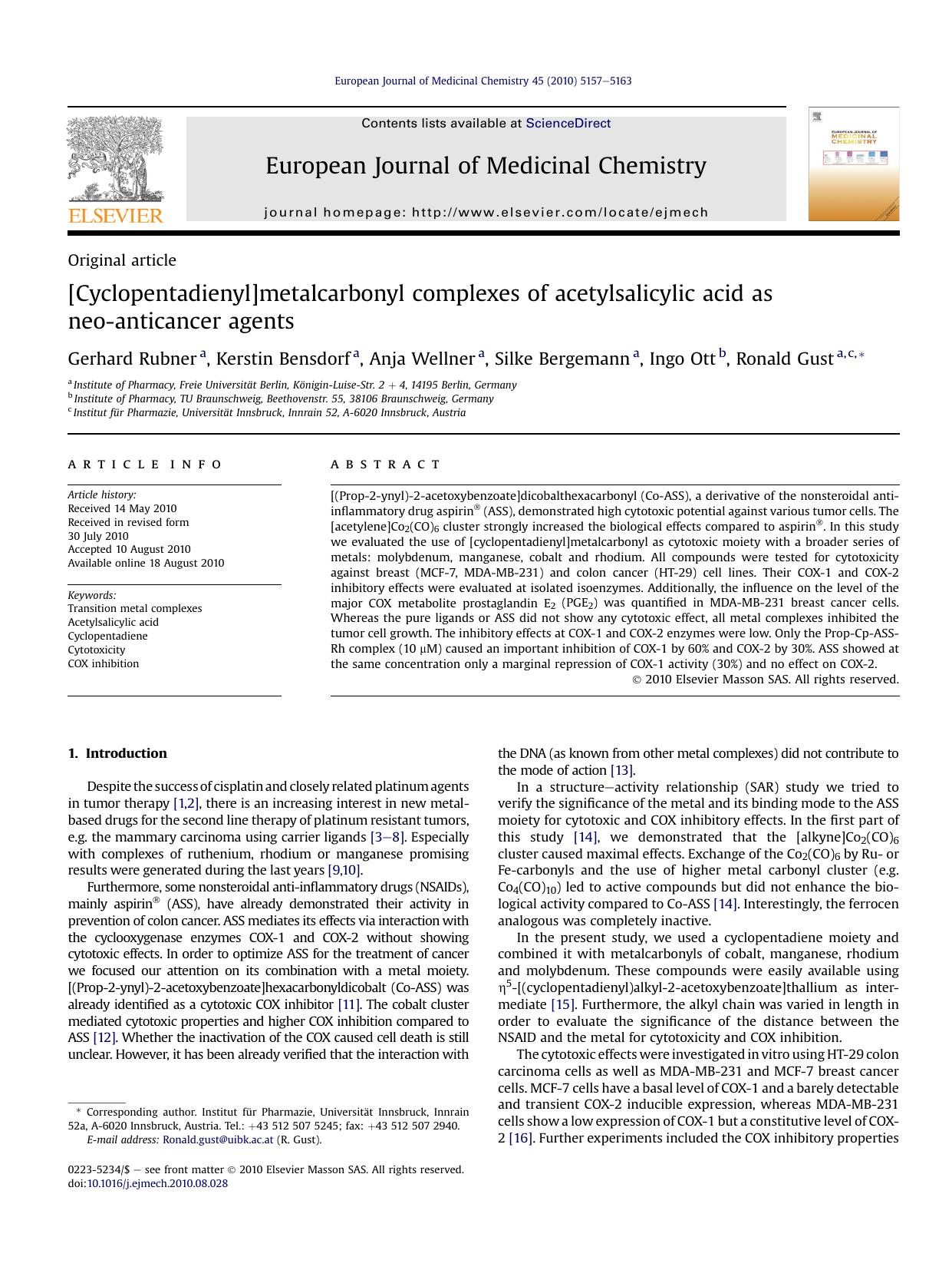 [Cyclopentadienyl]metalcarbonyl complexes of acetylsalicylic acid as neo-anticancer agents by Gerhard Rubner & Kerstin Bensdorf & Anja Wellner & Silke Bergemann & Ingo Ott & Ronald Gust