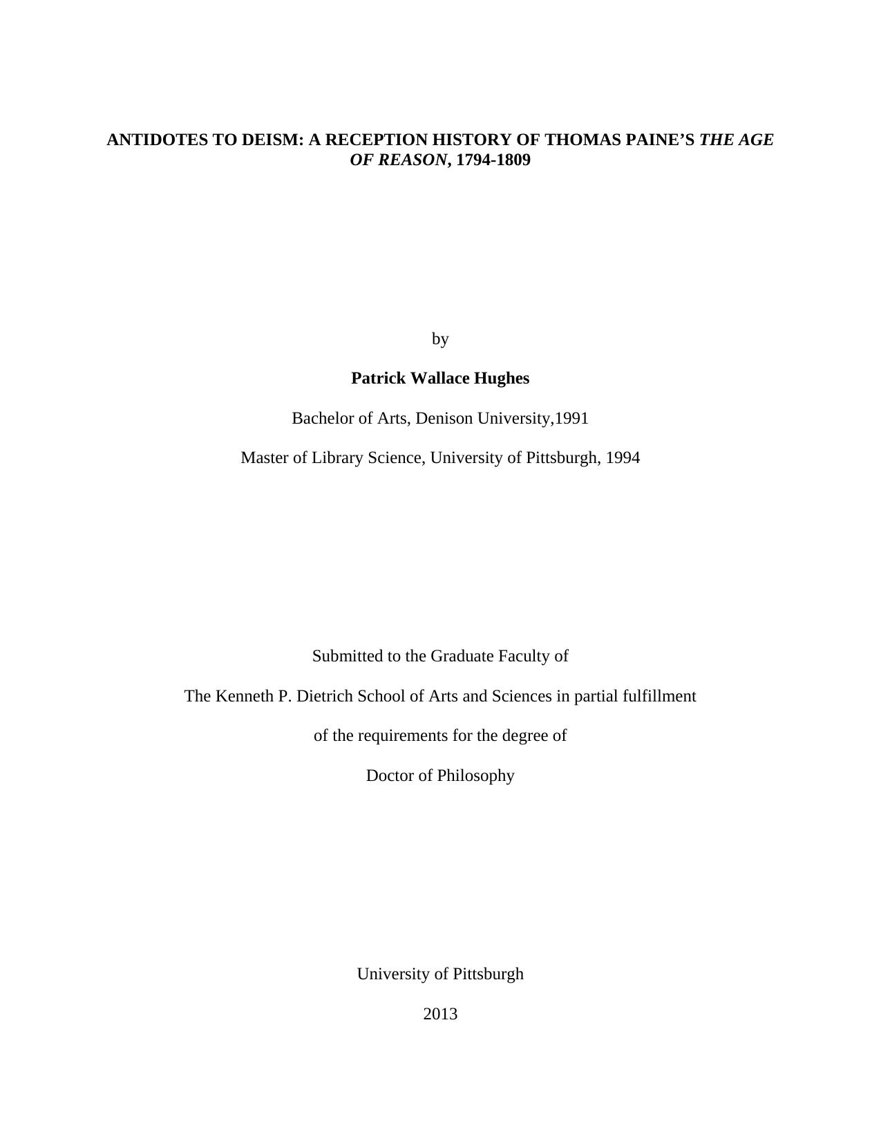 [Dissertation] ANTIDOTES TO DEISM: A RECEPTION HISTORY OF THOMAS PAINE’S THE AGE OF REASON, 1794-1809 by Patrick Wallace Hughes