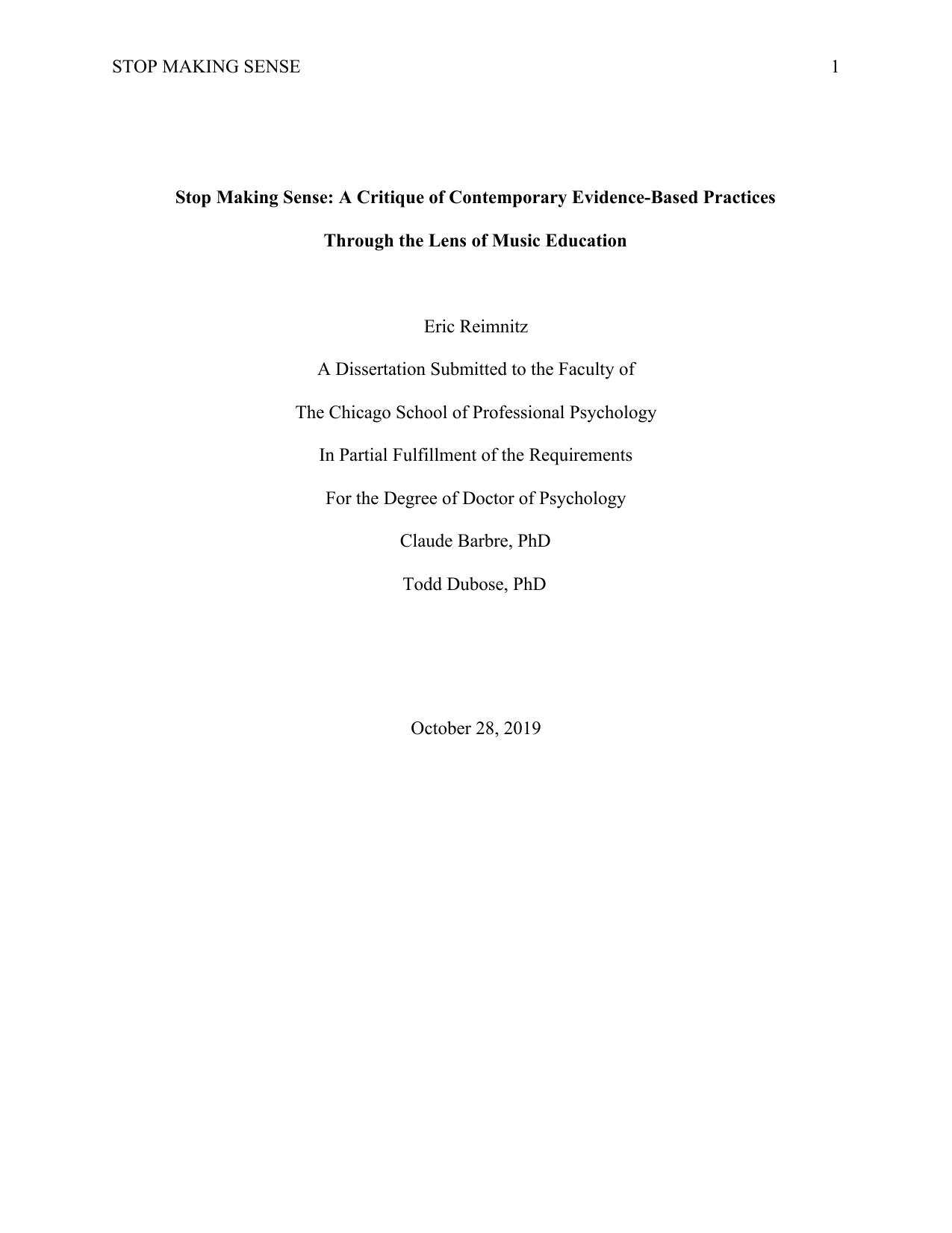 [Dissertation] Stop Making Sense: A Critique of Contemporary Evidence-Based Practices Through the Lens of Music Education by Eric Reimnitz