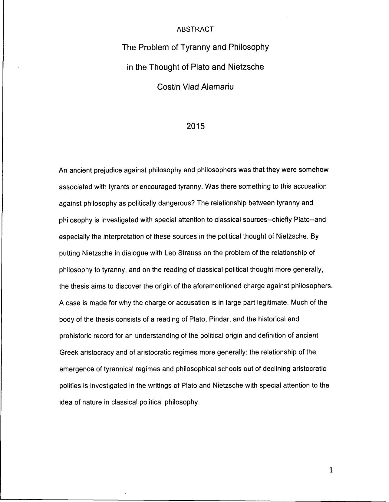 [Dissertation] The Problem of Tyranny and Philosophy in the Thought of Plato and Nietzsche by Costin Vlad Alamariu