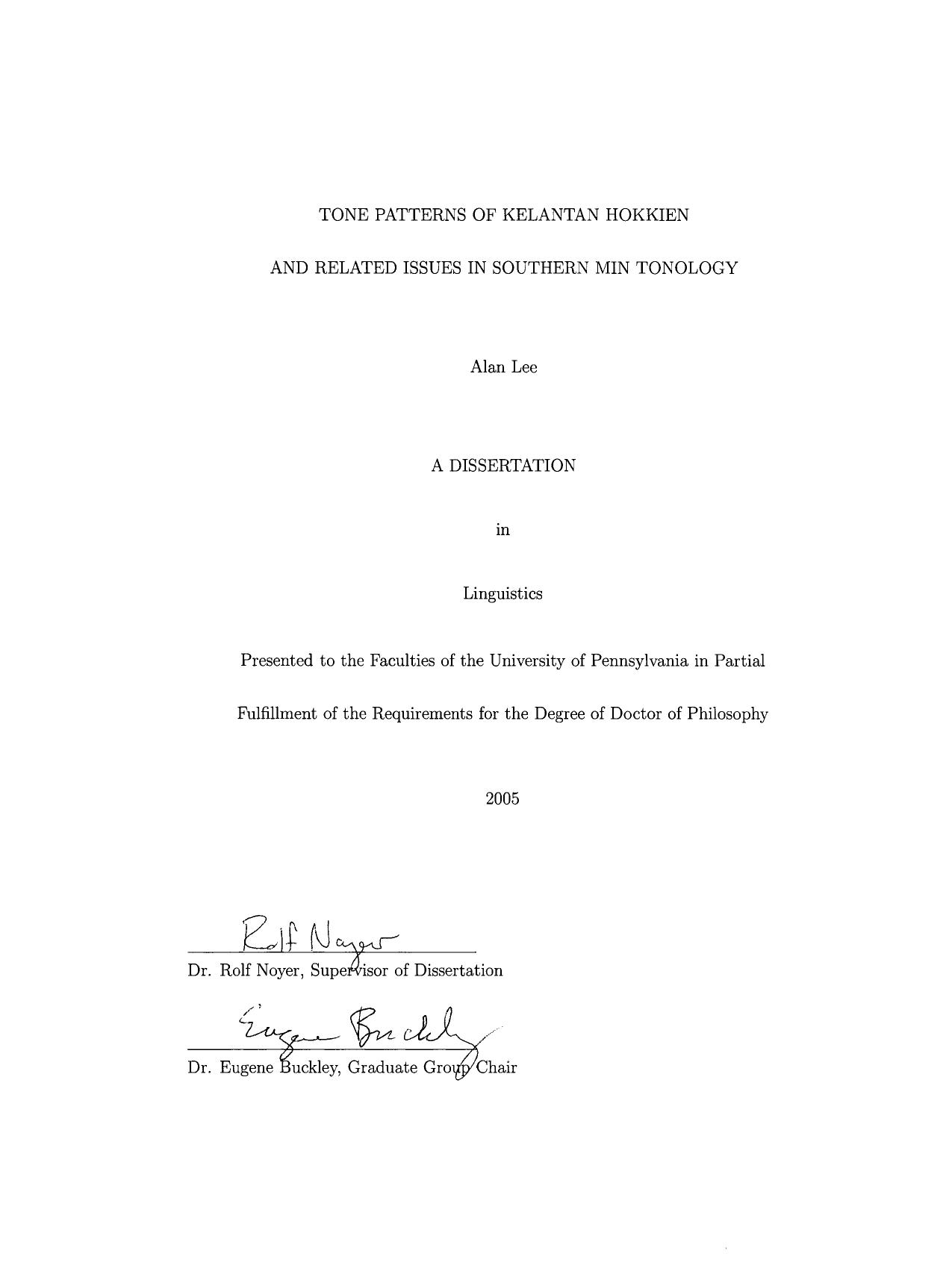 [Dissertation] Tone patterns of Kelantan Hokkien and related issues in Southern Min tonology by Alan Lee
