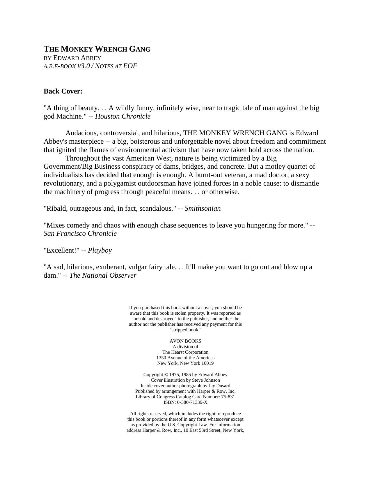 [Edward Abbey] The Monkey Wrench Gang by Story