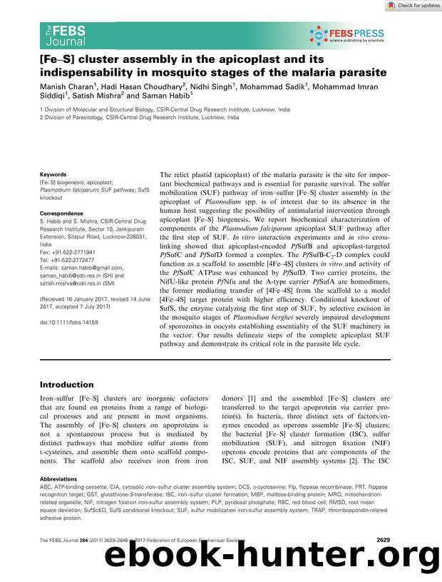 [FeâS] cluster assembly in the apicoplast and its indispensability in mosquito stages of the malaria parasite by Unknown