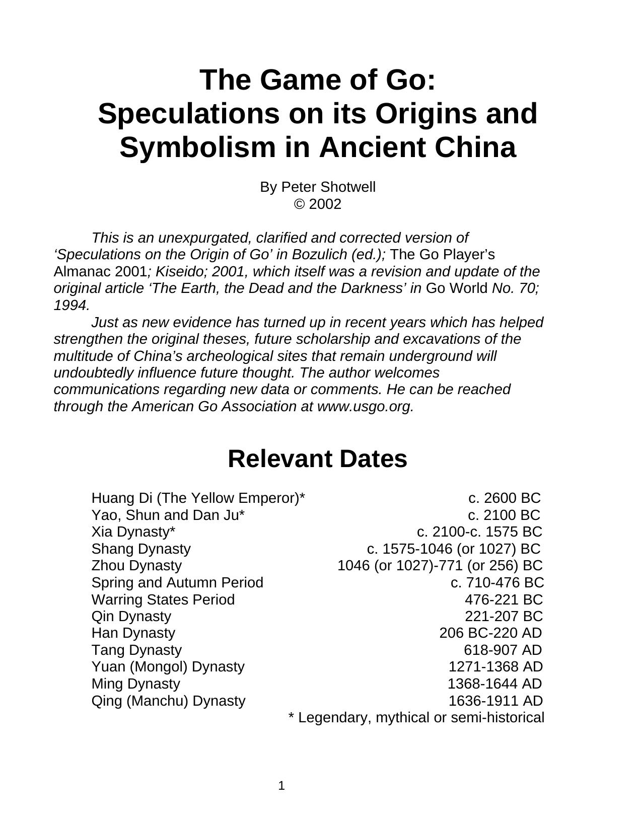 [Go Igo Baduk Weiqi] Speculations on the Origins and Symbolism of Go in Ancient China by sergej