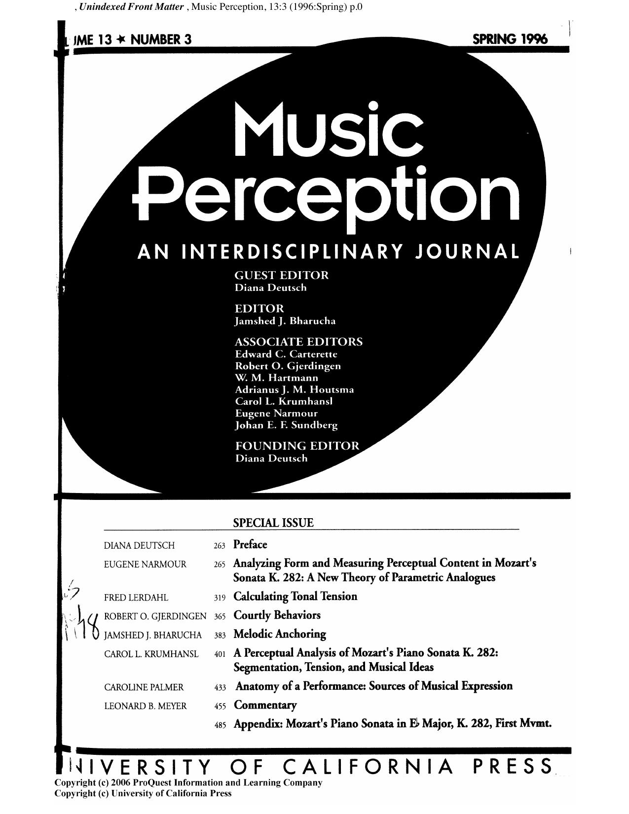 [Journal] Music Perception. Volume 13. Number 3 by Diana Deutsch Jamshed J. Bharucha Lola L. Cuddy