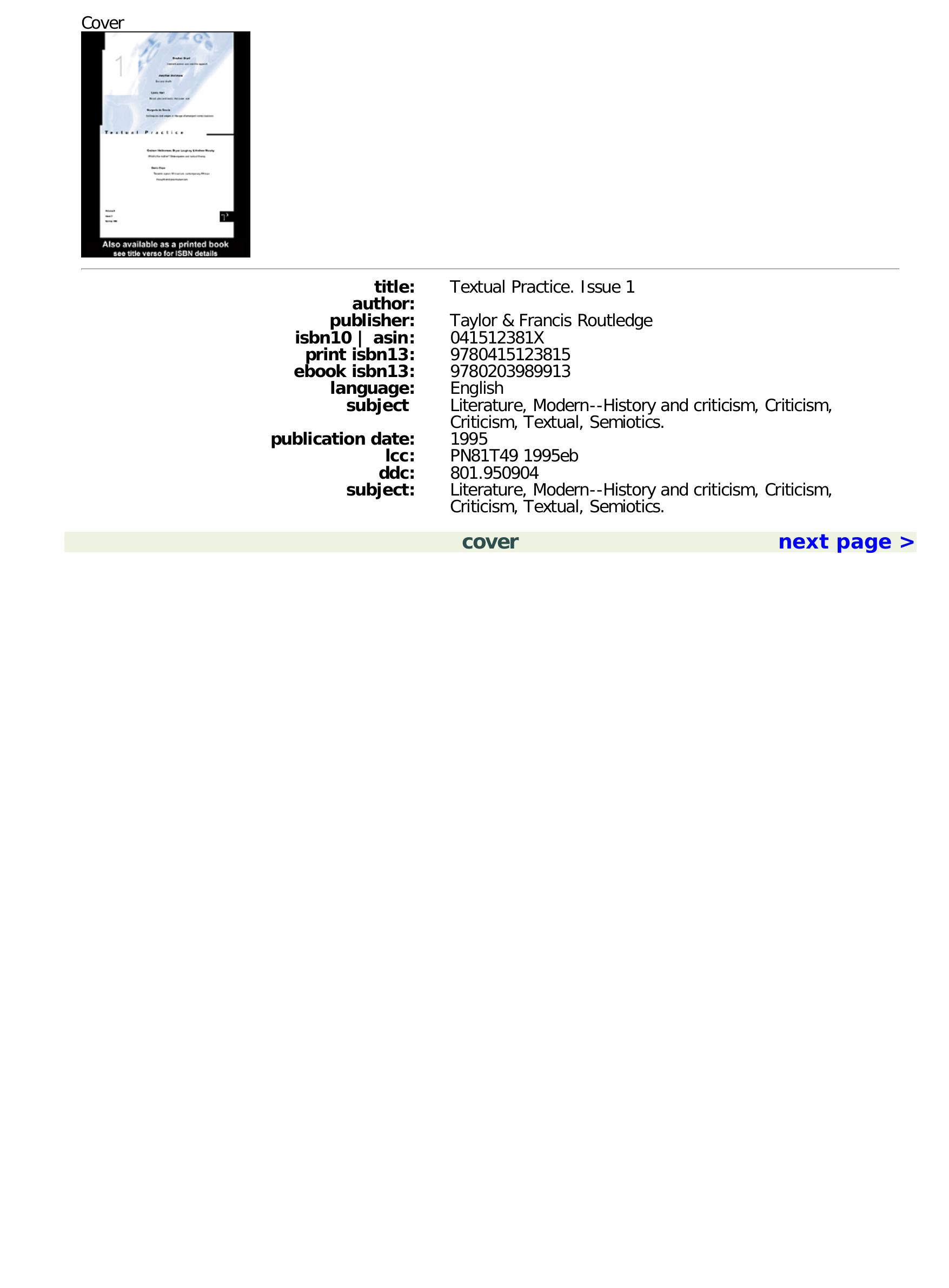 [Journal] Textual Practice. Vol. 9. Issue 1 by Unknow