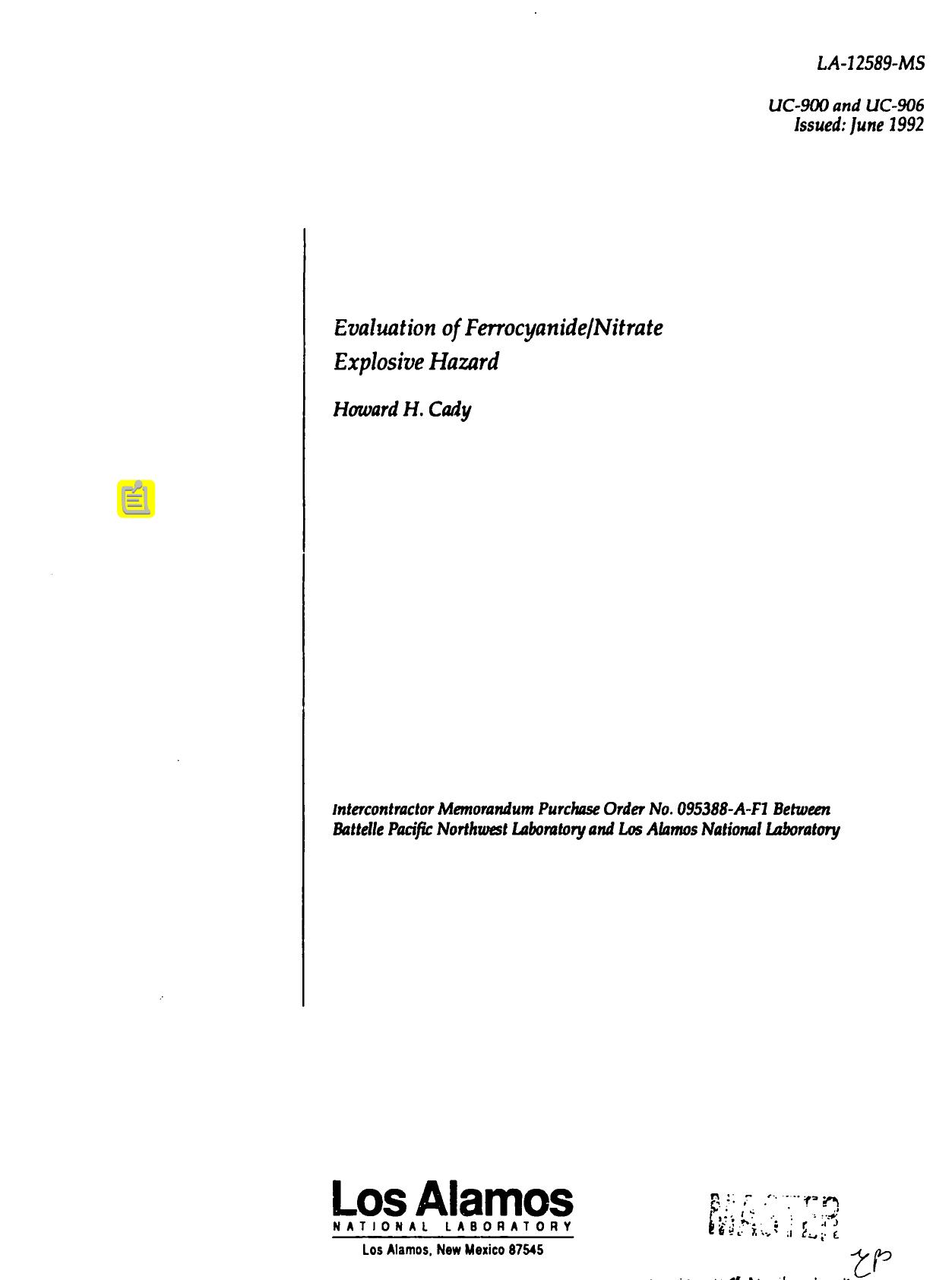 [LA-12589-MS] Evaluation of ferrocyanide|nitrate explosive hazard by LANL Research Library LWW Project