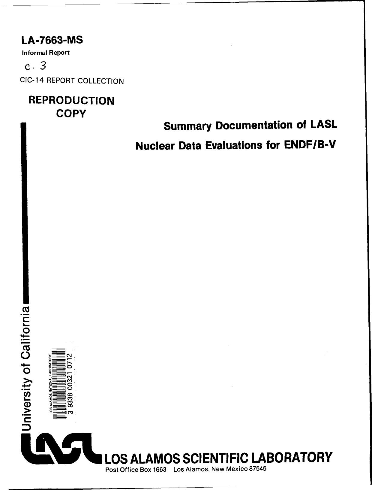[LA-7663-MS] Summary documentation of LASL nuclear data evaluations for ENDF|B-V by LANL Research Library LWW Project