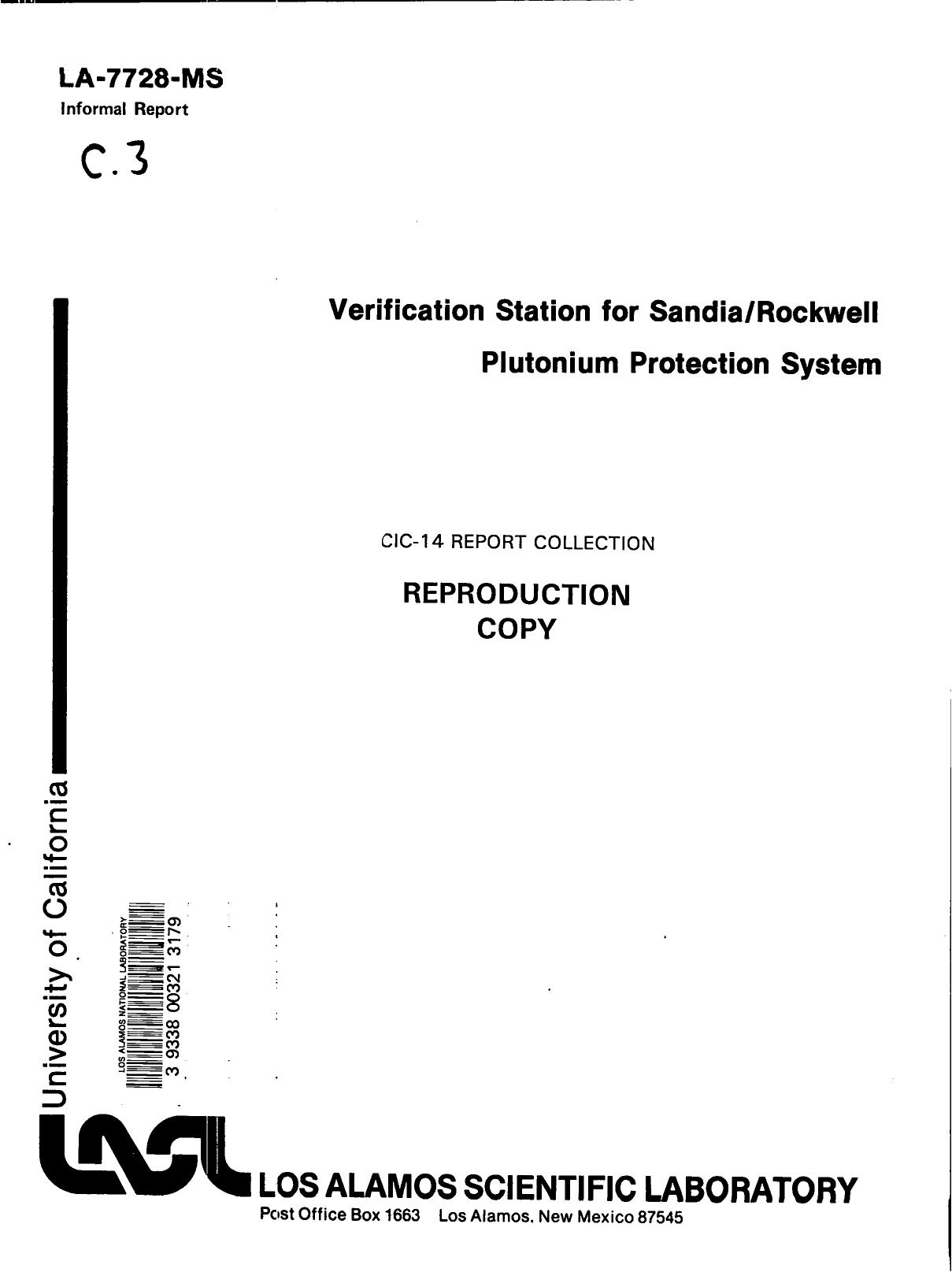 [LA-7728-MS] Verification station for Sandia|Rockwell plutonium protection system by LANL Research Library LWW Project